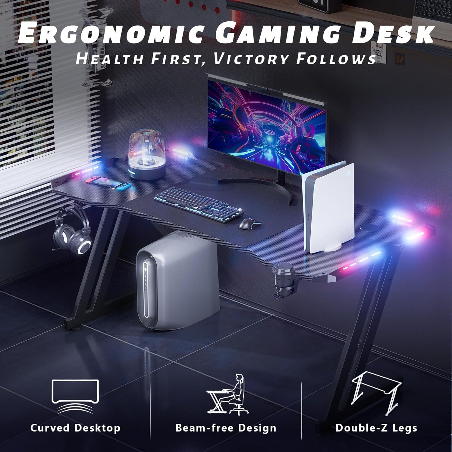 HLDIRECT 55 Inch Gaming Desk with LED Lights Carbon Fiber Surface Z Shaped Gaming Table Large Computer Desk with Cup Holder & Headphone Hook Gamer Desk for Home Office Black - Image 6
