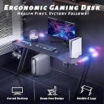63 Inch Gaming Desk with LED Lights Carbon Fibre Surface Gaming Table Large Computer Desk Ergonomic Home Office Desks Z Shaped PC Gamer Workstations with Cup Holder & Headphone Hook Black