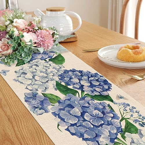Miniatura 4 de Seliem Camino de mesa de flores florales de hortensias de primavera, decoración de mesa de comedor de mariposa azul, arpillera de verano de