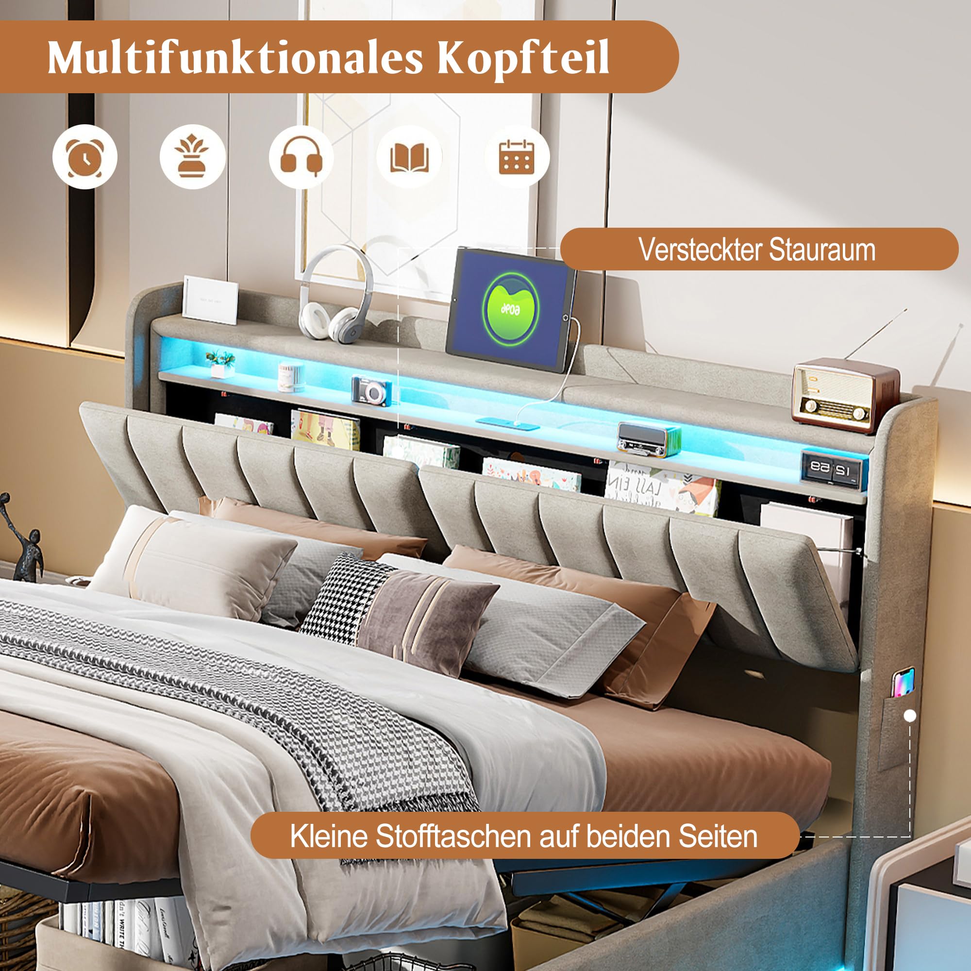 Łóżko 160x200 z pojemnikiem i oświetleniem LED,łóżko podwójne z tapicerowanym zagłówkiem,łóżko podwójne z listwowym stelażem dla dorosłych i nastolatków,hydraulicznie tapicerowana rama łóżka