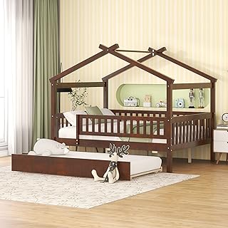 Harper & Bright Designs Full House Bed with Trundle, Kids Full Platform Frame Rails and Roof, Tent Bed, Wood Playhouse Full Montessori for Teens Girls & Boys, No Box Spring Needed (Walnut)
