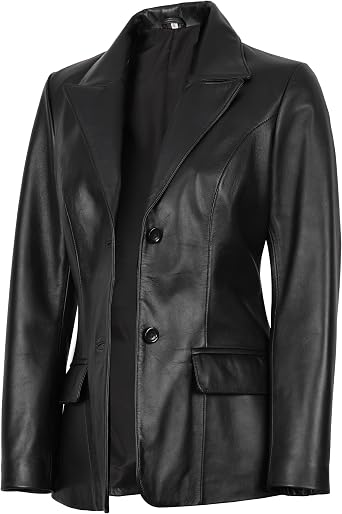 Two Button Real Lambskin Leather Blazer Women | Notch Lapel, Flap Pockets & Full Soft Polyester Inner Lining