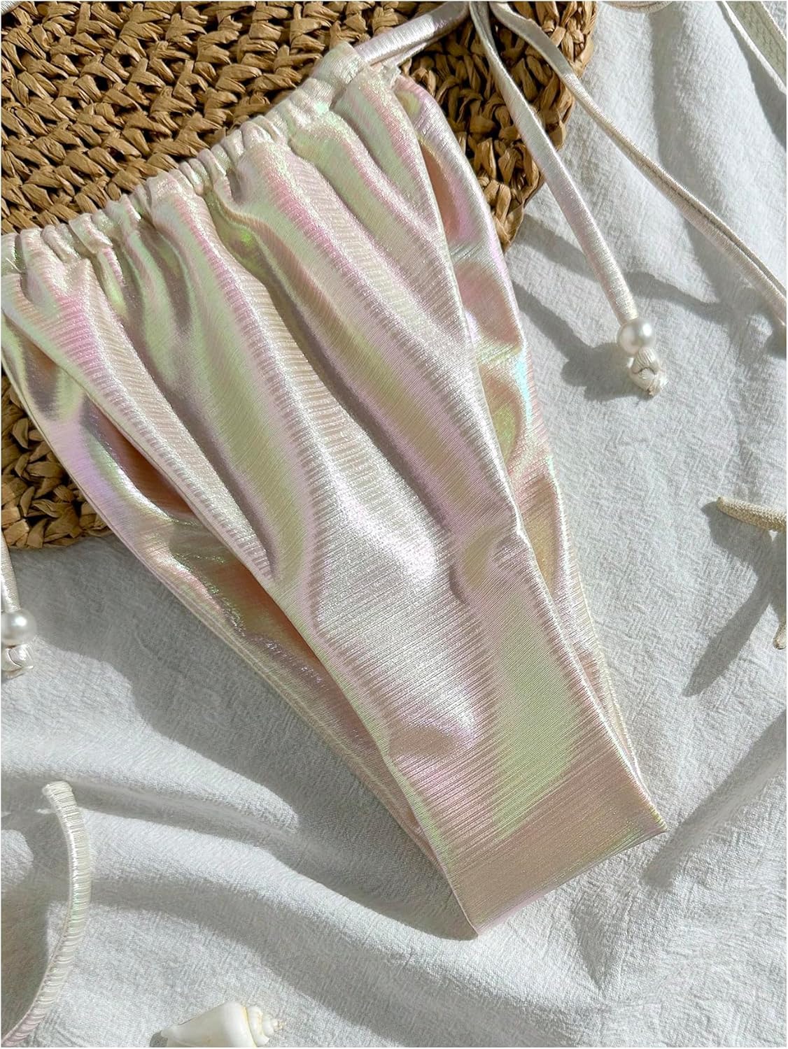 SHENHE Women's String Bikini Set Shiny Pearl Seashell Top Side Tie Halter Swimsuits 2 Piece - Image 6