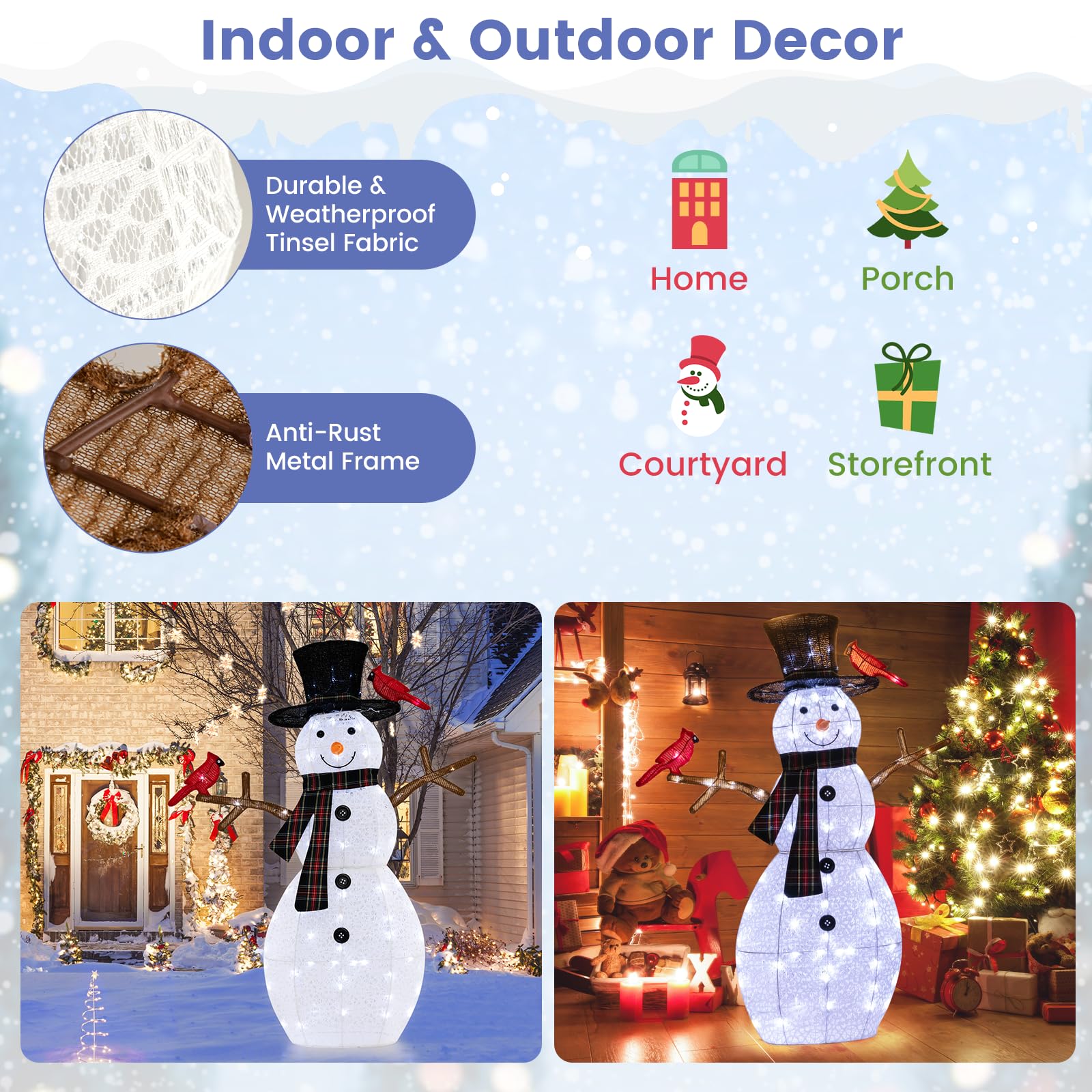 SOARS - Adorno de Navidad, muñeco de nieve luminoso, 99 x 16 x 127 cm, con 70 luces LED, 2 pájaros pequeños rojos, material resistente y resistente a las inclemencias del tiempo, decoración de Navidad