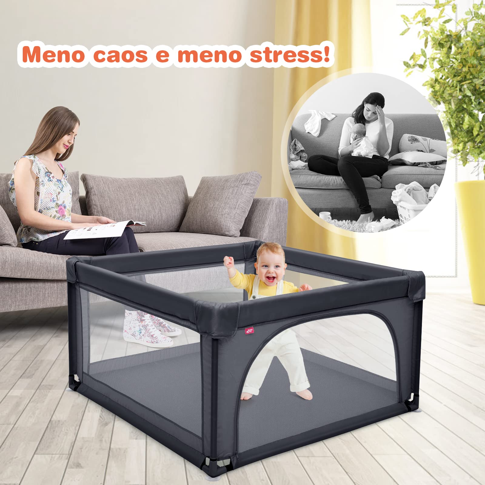 COSTWAY Box per Bambini, Centro Attività Portatile con Cancelli di Sicurezza, Recinto Resistente con Ventose Antiscivolo e Pareti a Rete Traspirante, Cancello per Giocare con 50 Palline (Grigio Scuro)
