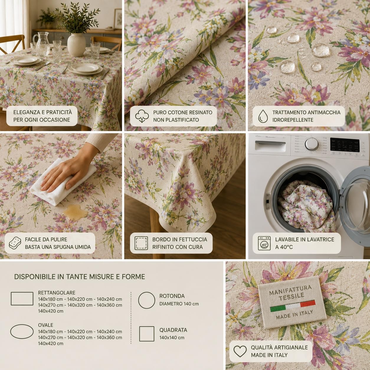 Manifattura Tessile Tovaglia Antimacchia Resinata in Cotone Made in Italy – Rettangolare e Ovale, Rotonda 140 cm, Fresie Beige