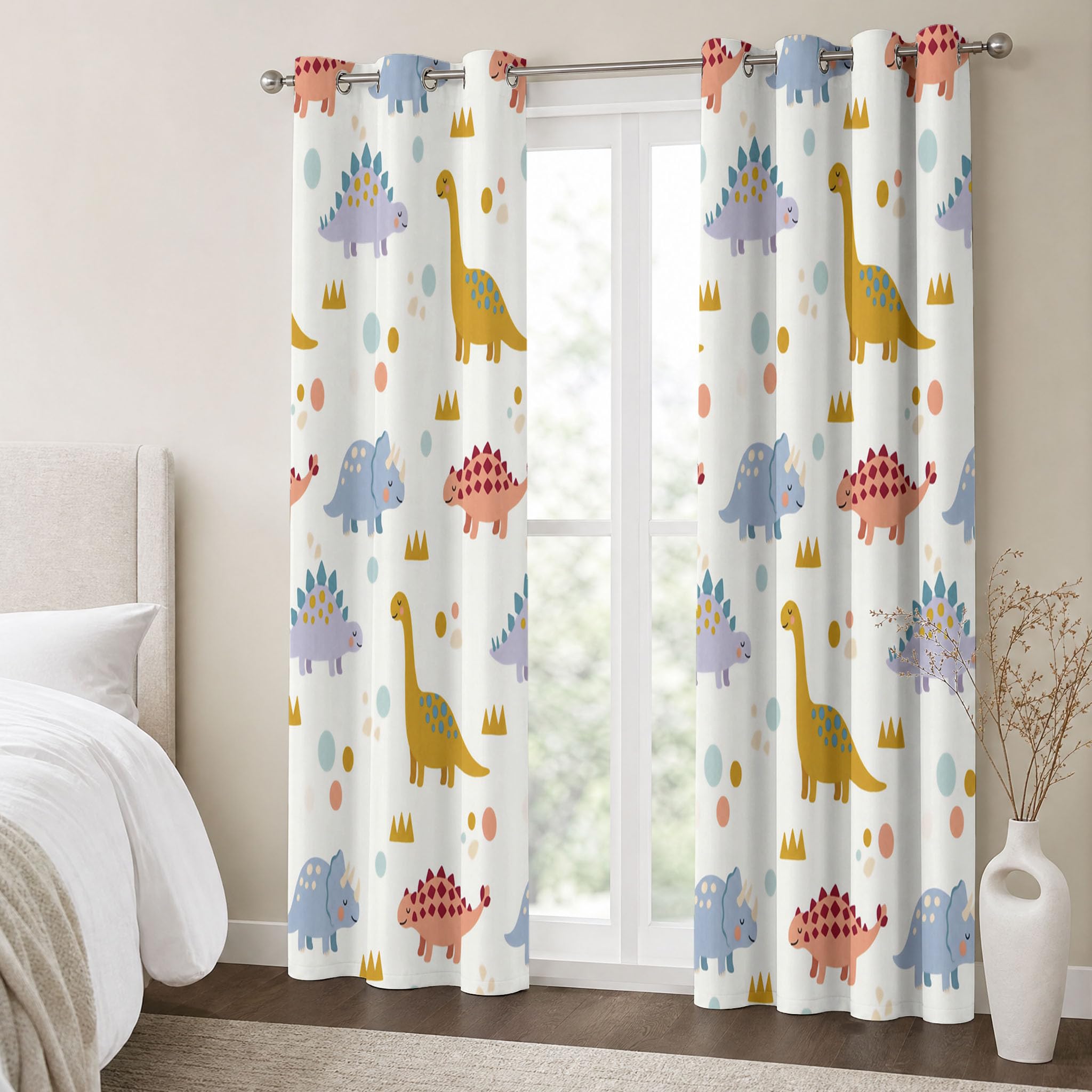 Dinosaure Dessin Animé Rideau Occultant - Animaux Mignons Rideau Thermique, Abricot Rideaux Opaque À Oeillets pour Fenetre Chambre Salon - L110×H215Cm (2 Panneaux)
