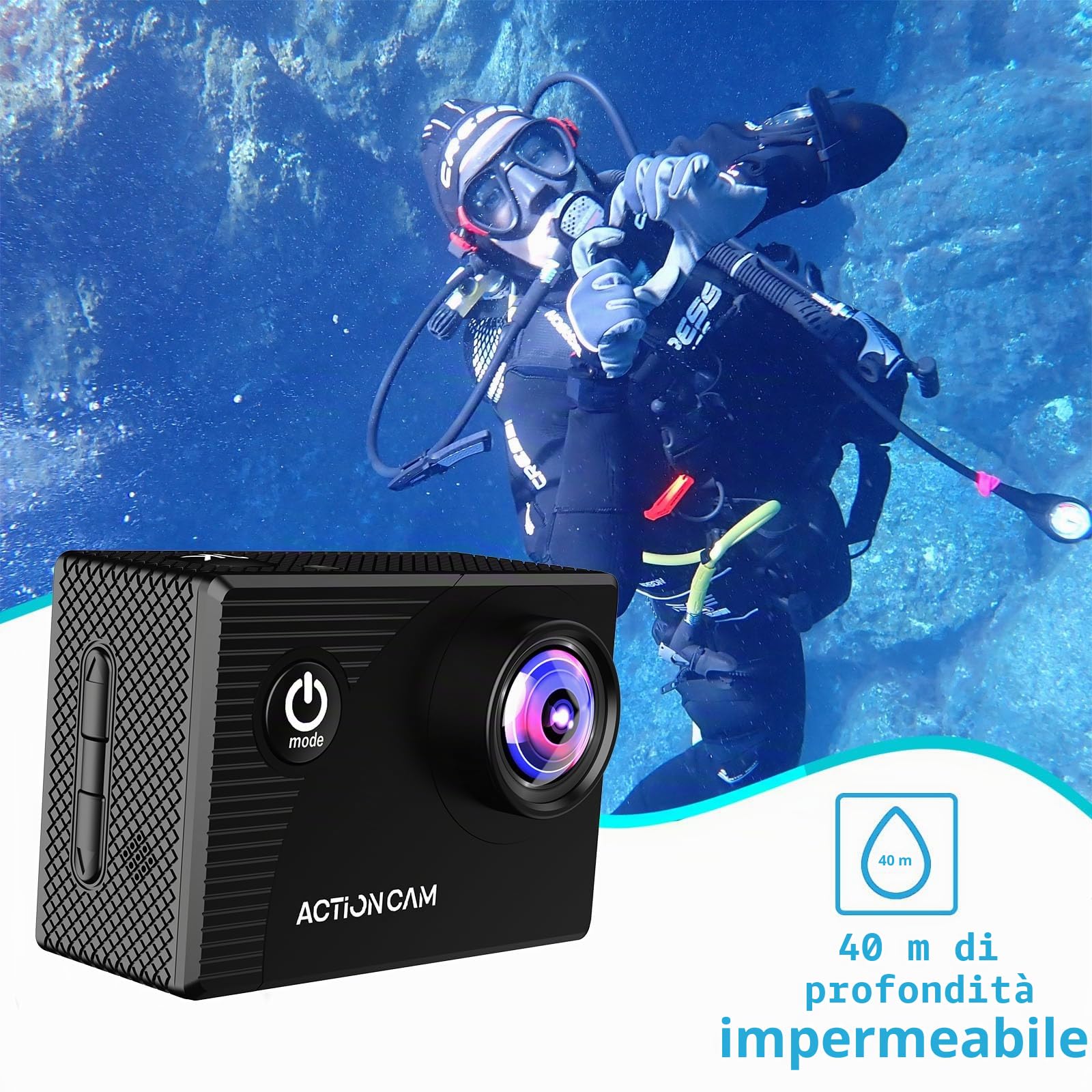 Xilecam Action Cam 1080P con scheda da 32 GB Telecamera Moto, Macchina Fotografica Subacquea impermeabile 40M, Fotocamera Subacquea con 2 x Batterie Ricaricabili e Kit Accessori（X8000Pro）