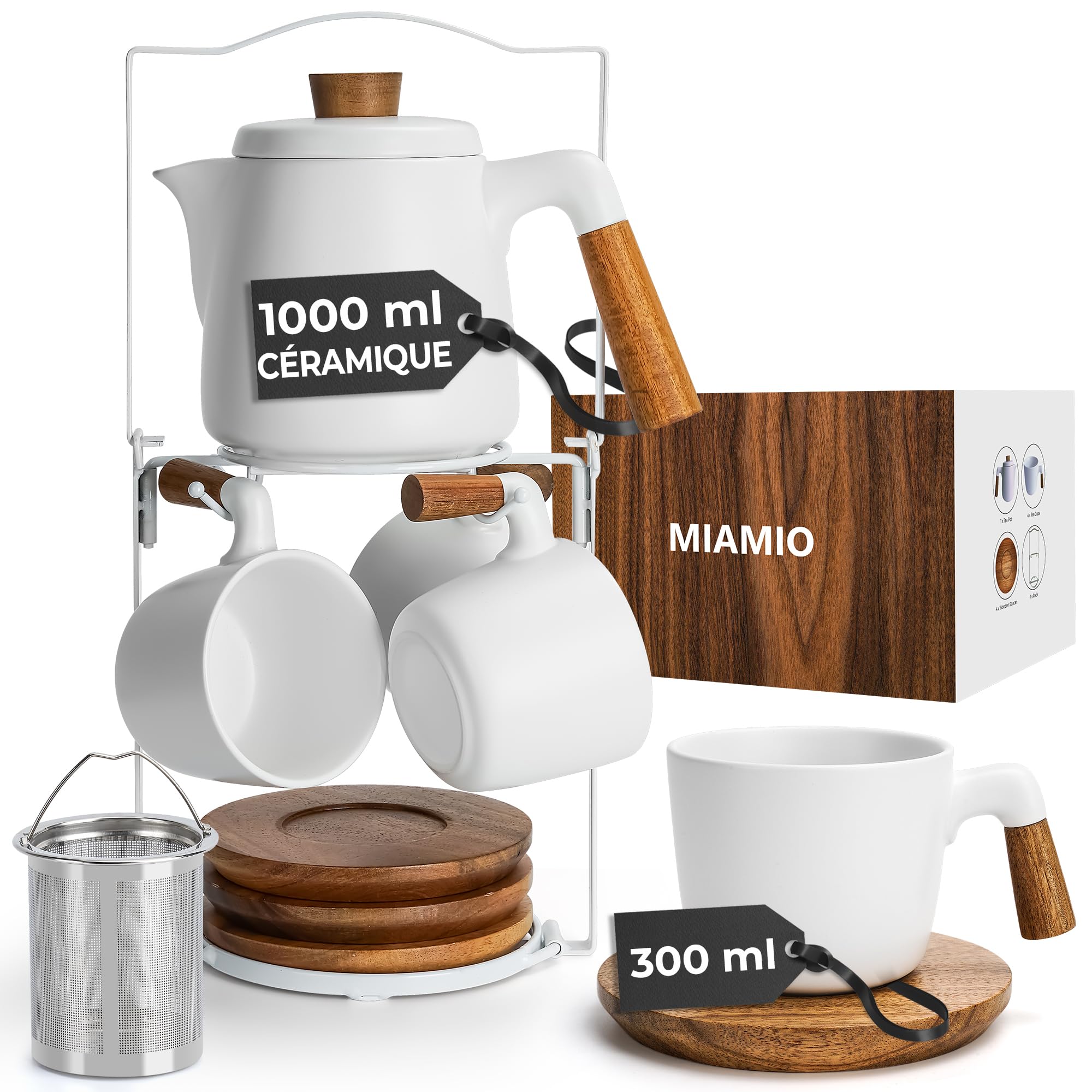 MIAMIO - Théière en céramique de 1000 ml avec infuseur et tasses/passoire à thé, support, 4 tasses à thé en céramique (300 ml), soucoupes en bambou/poignée pour la maison et le bureau (Blanc)