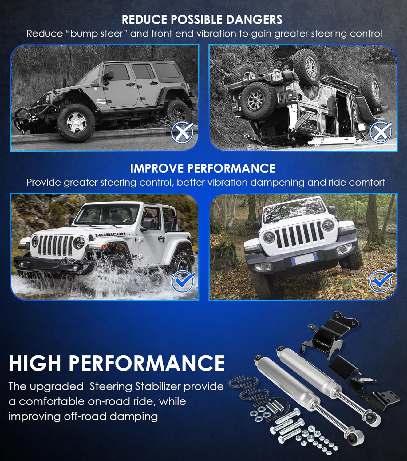 Dual Steering Stabilizer for Jeep Wrangler JL 18-24, N3 Double Steering Stabilizer Assembly for 2018-2024 Jeep Wrangler JL/Gladiator JT 2-Door with 2.5" of Lift or Higher, Replace for 87304