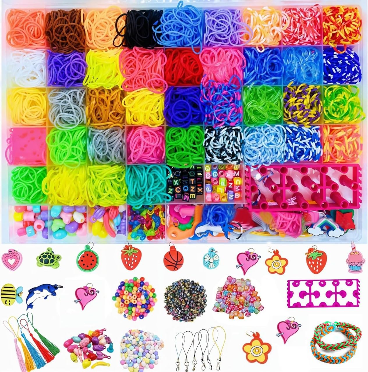 5500+ Loom Bands Kit - 40 Vibrant Colors Loom Bands  Rubber Bands Bracelet Making Kit with A,B,C Beads, Bracelet Connector and Tools with Storage Box - DIY Arts & Crafts Gift for Girls & Boys