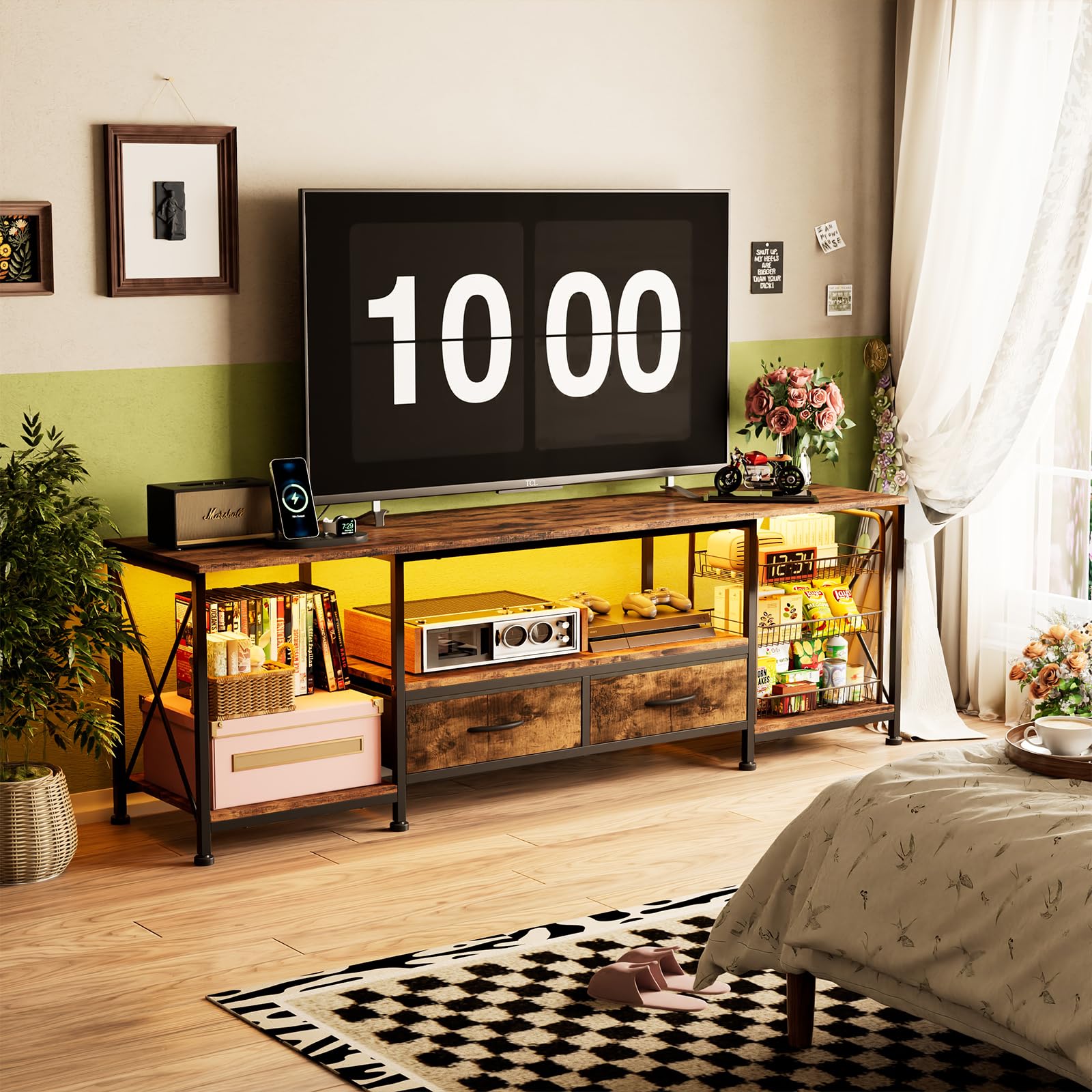 Utlenianie Mueble TV 180 cm, Mueble TV Alto con iluminación LED, Estación de Carga,Puerto USB y Enchufe,Mueble TV Salon con 2 Cajones 2 Estantes Abiertos,Muebles de salón (Color Madera-B)