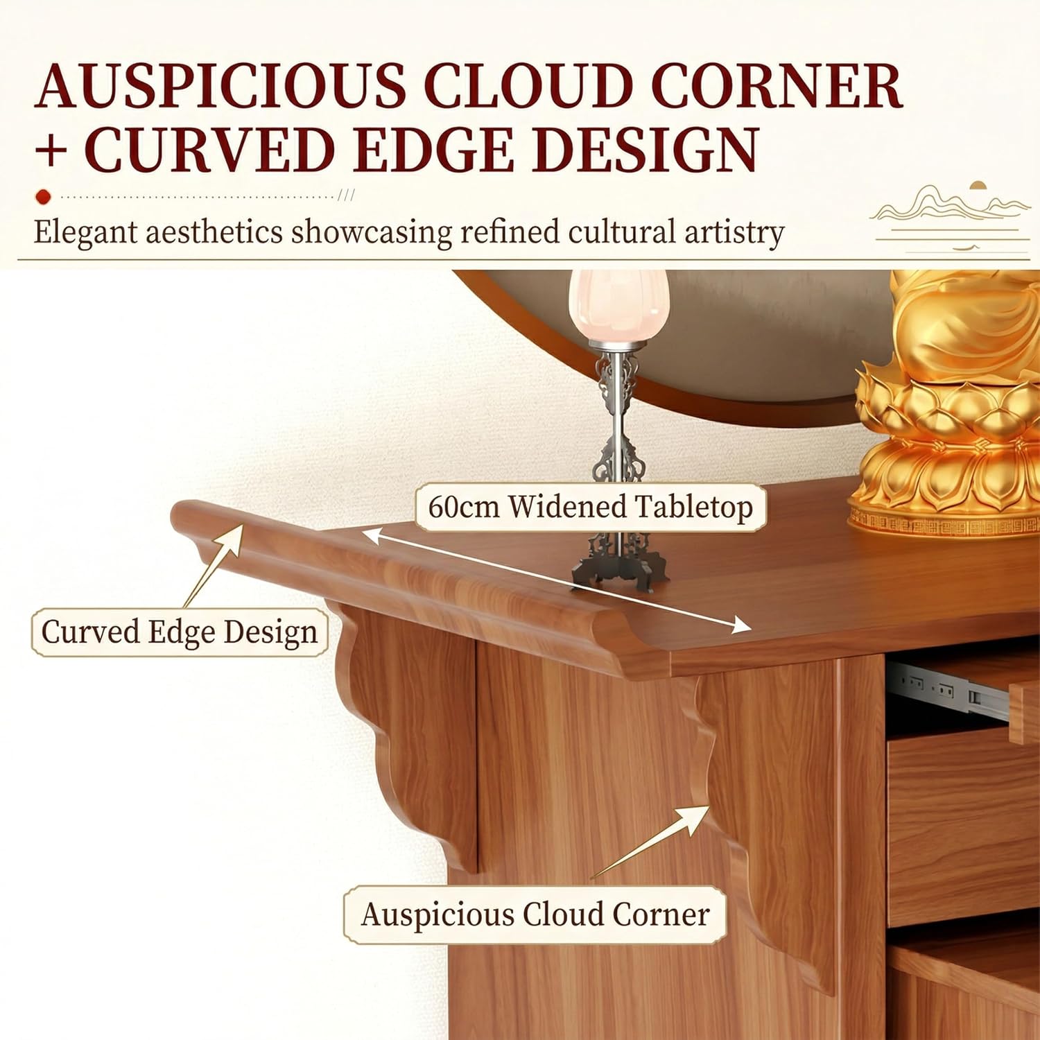 Altar Table Wooden with Storage, Large Pooja Tables with Doors & Pull-Out Worship Shelf, Buddhist Shrine Altar Table, Multi-Tier Design & Detachable Cabinet (Single Layer, 77" Lx27 W)