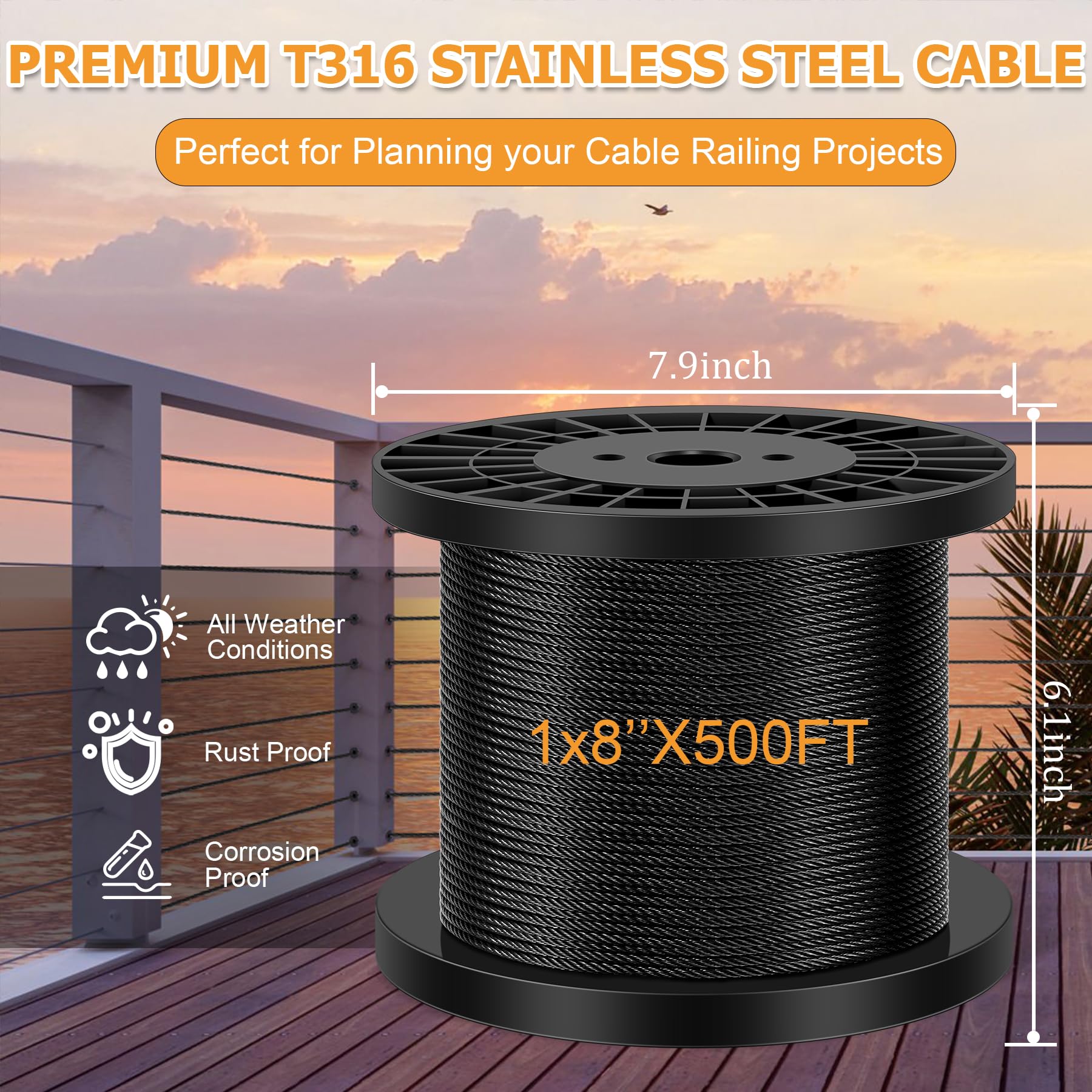 Toscoco 700 Feet 1/8" Black Stainless Steel Cable Wire Rope For Deck Cable Railing Kit T316 Marine Grade 77 Strands Construction Rustproof Black Aircraft Cable With A Cutter Diy Balustrade