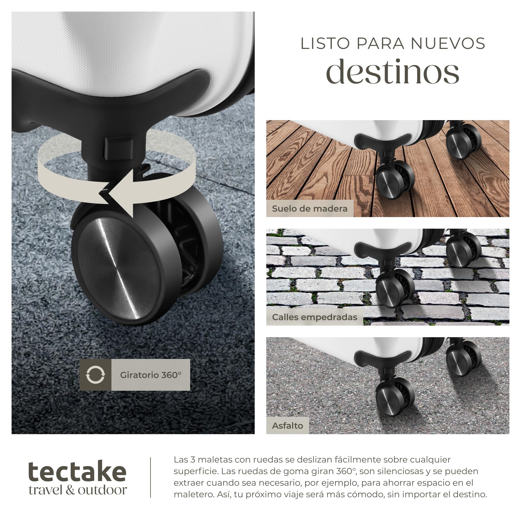 tectake® Juego de Maletas Apilables, 3 Piezas, Plástico ABS Resistente, Maletas de Viaje con Ruedas Giratorias 360°, Maleta Cabina, Maleta Mediana, Maleta Grande, TSA - Blanco