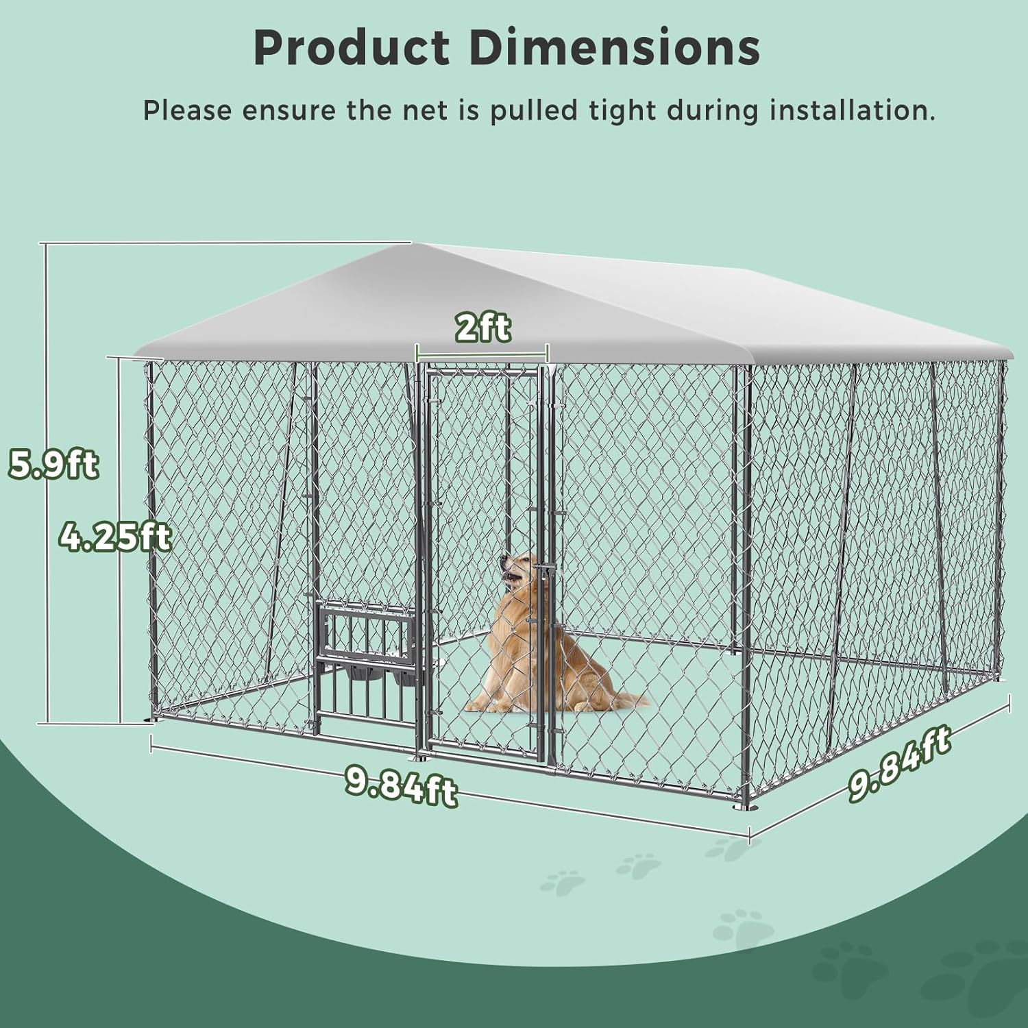 lyromix 10 x 10ft large outdoor dog kennel with bowls and waterproof cover roof, large outdoor kennel for dogs, galvanized heavy duty chain link dog runs cage for outside with secure lock 120.0"l x 120.0"w x 51.0"h