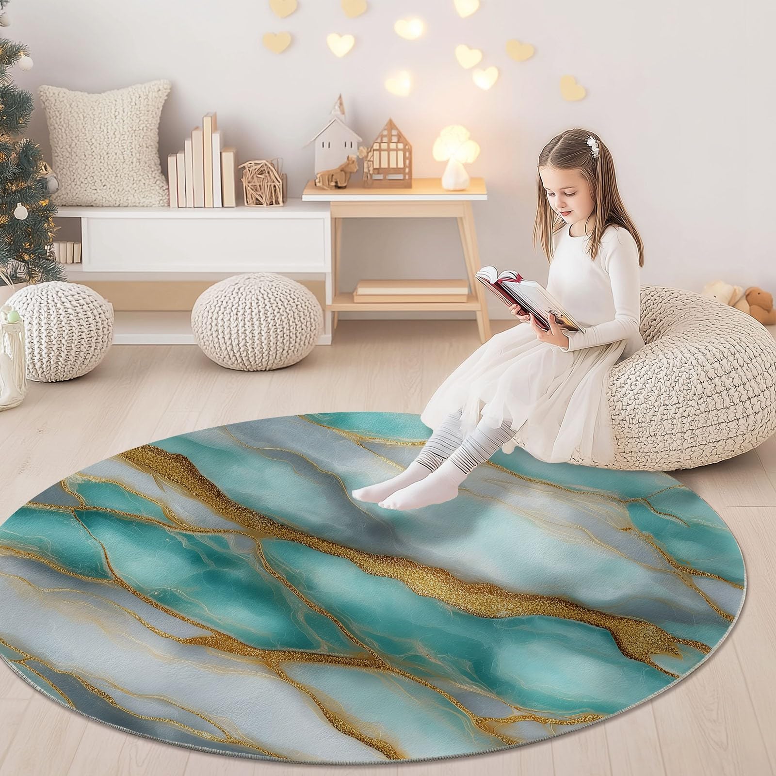 Tapis rond antidérapant effet marbre vert et blanc de 120 cm de diamètre