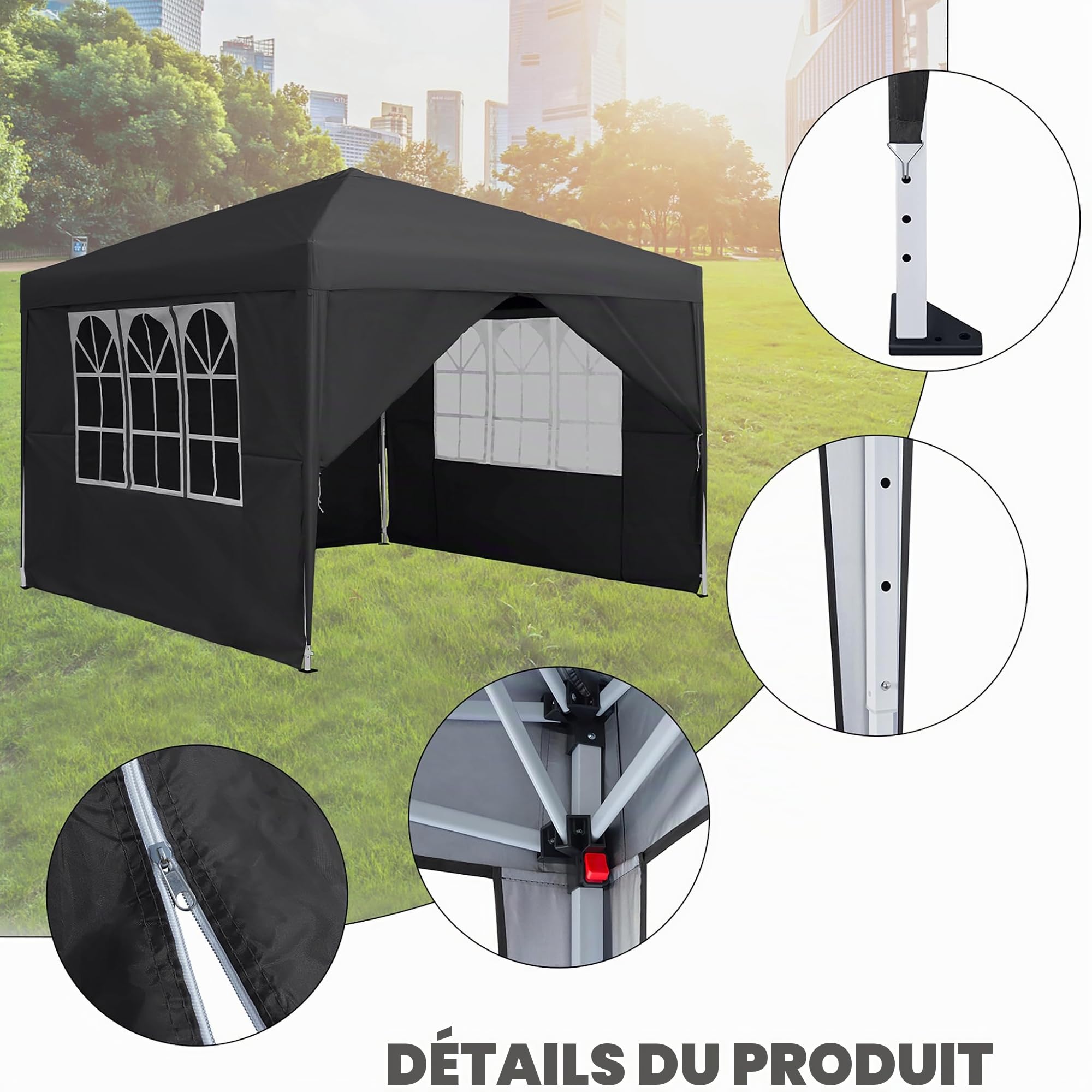 Tonnelle pliable - 2,5 x 2,5 m - Imperméable et stable - Résistante à l'hiver - Avec 4 panneaux latéraux et fenêtres - Tente de jardin pliable - Protection UV - Tente de réception pour