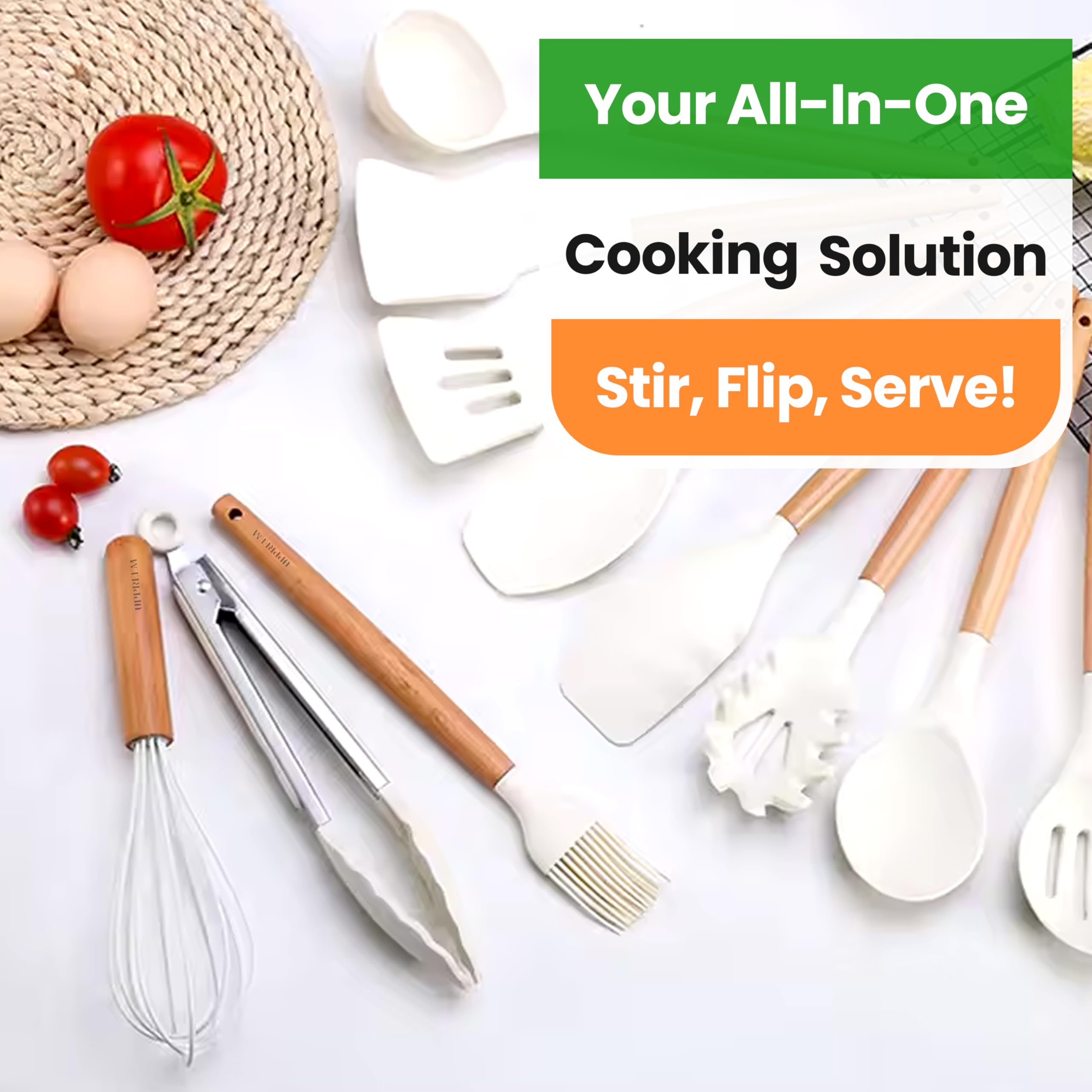 Silikon-Küchenutensilien-Set, hitzebeständig, antihaftbeschichtet, Pfannenwender-Set, Silikonkopf und Holzgriffe, 12-teiliges Set, beige