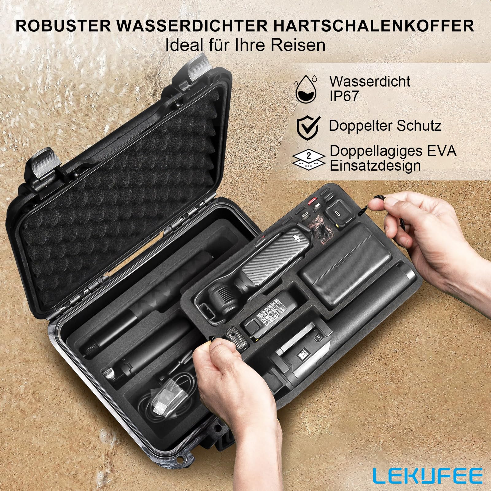 LEKUFEE wasserdichte Koffer für DJI Osmo Pocket 4, Osmo Pocket 3,DJI Mic 3/2/ Mini, Standard Combo, Kreativ Combo, Essential Combo und Zubehör (Nur Tasche)