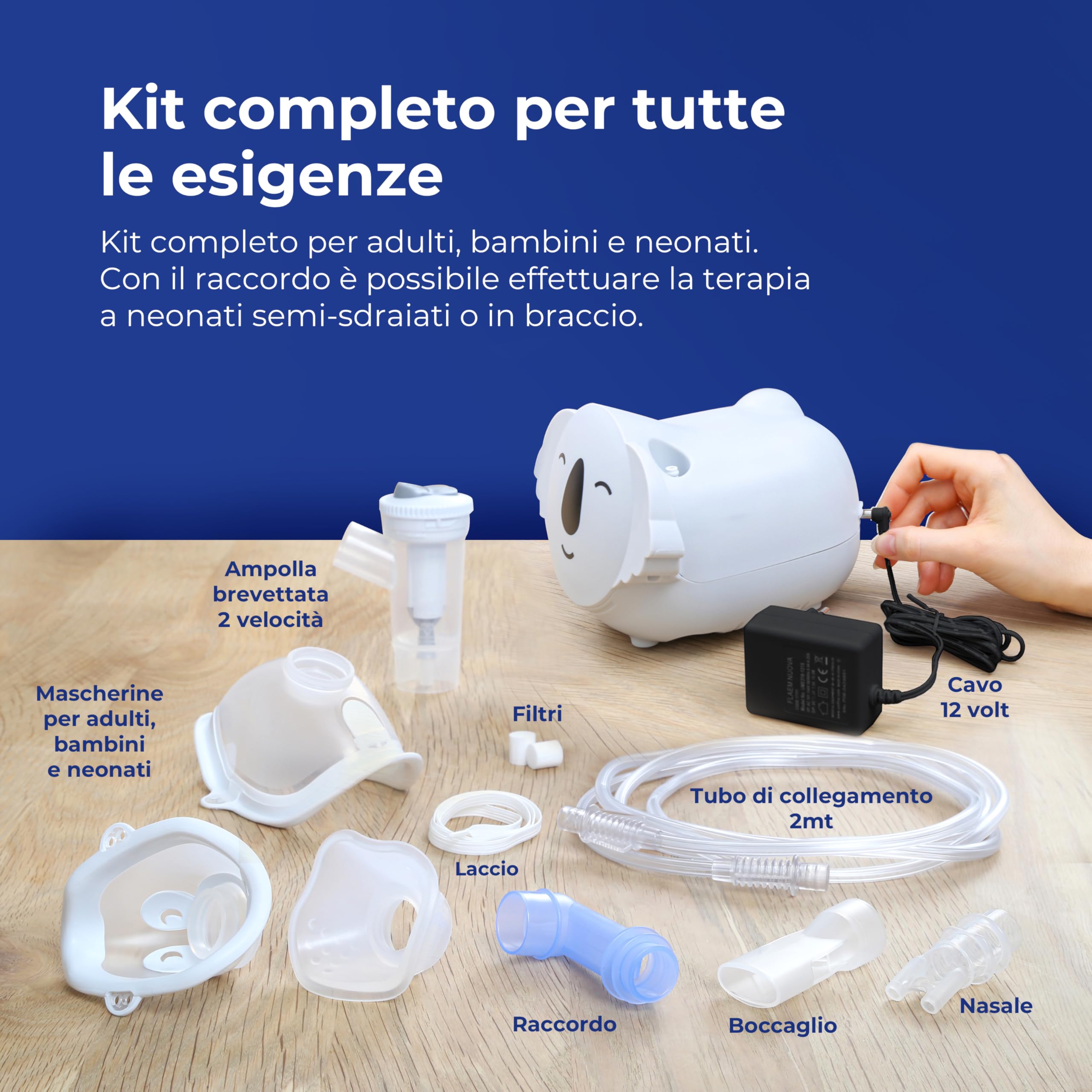 Flaem, Koala, Aerosol Veloce, Efficace e Divertente, Macchina Aerosol Adulti e Bambini Certificata, con Ampolla a 2 Velocità, Comode Mascherine Soft Touch e Filtro dell'Aria, Made in Italy