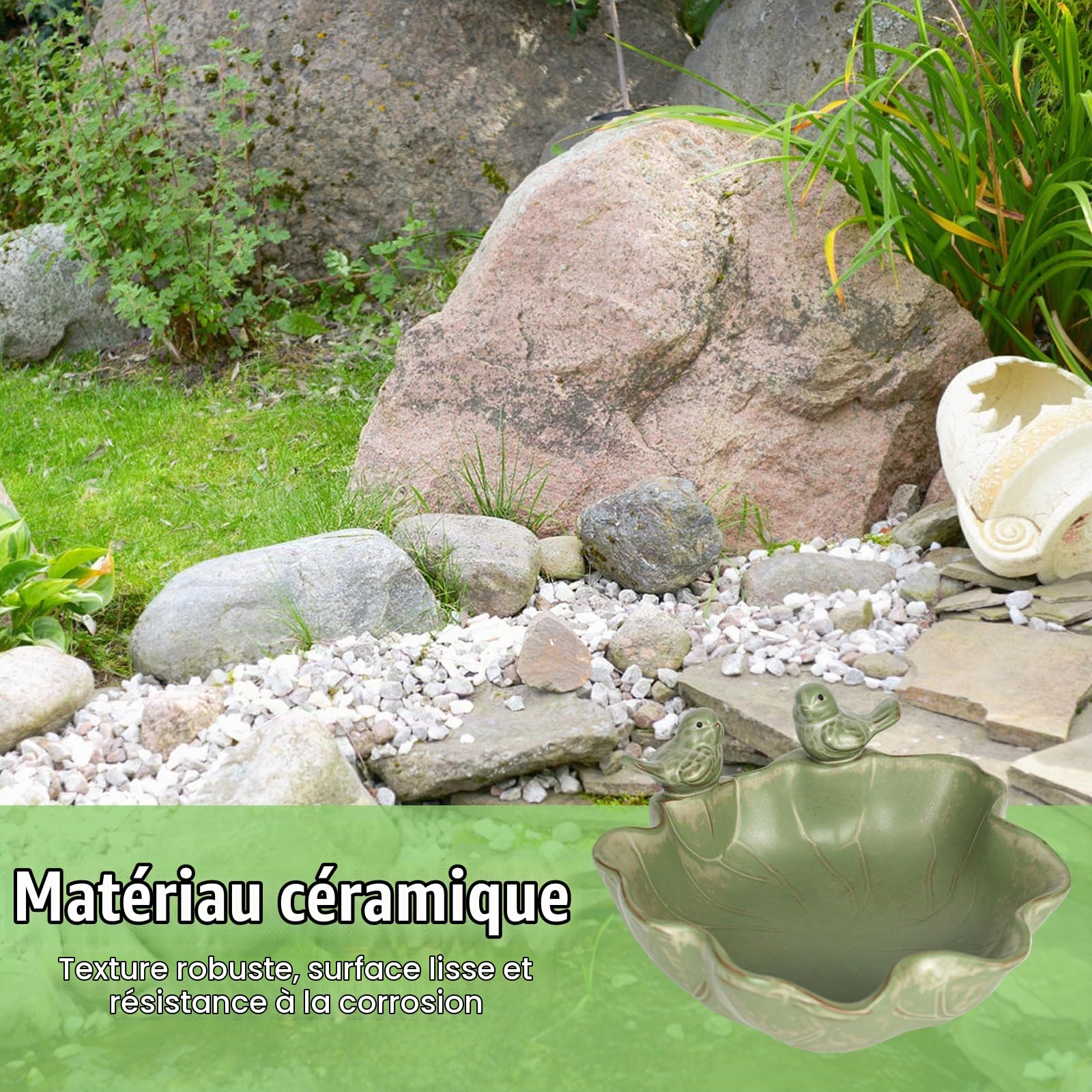 Abreuvoir à oiseaux rond résistant à l'hiver avec 2 oiseaux décoratifs, abreuvoir à oiseaux pour balcon, fontaine à oiseaux, bain d'oiseaux pour le jardin, pour l'extérieur, la terrasse, le