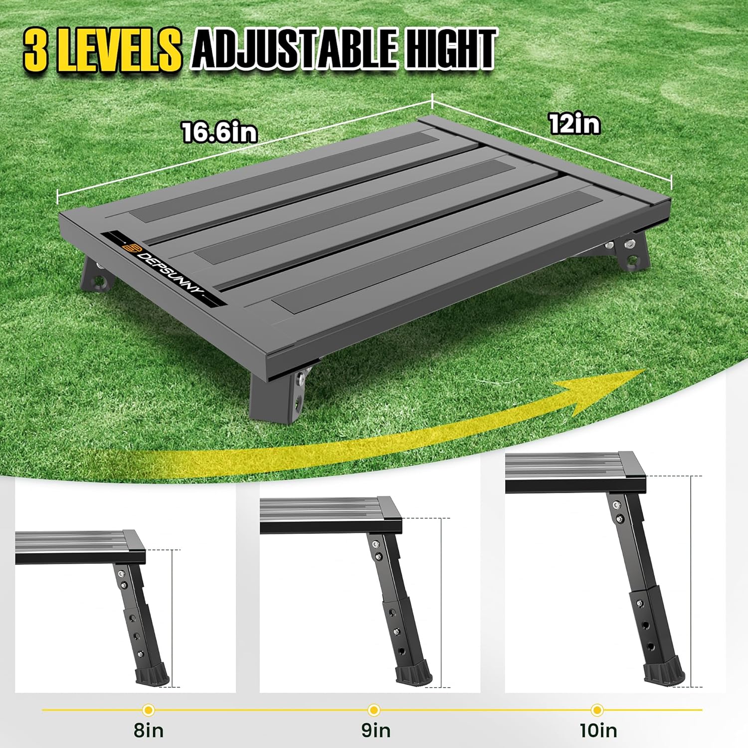 Adjustable RV Step Stool, 3-Step Height Adjustment, Foldable Legs, Wide Anti-Slip Surface,Supports Up to 1,000 lb, Premium Aluminum Construction Easy to Carry