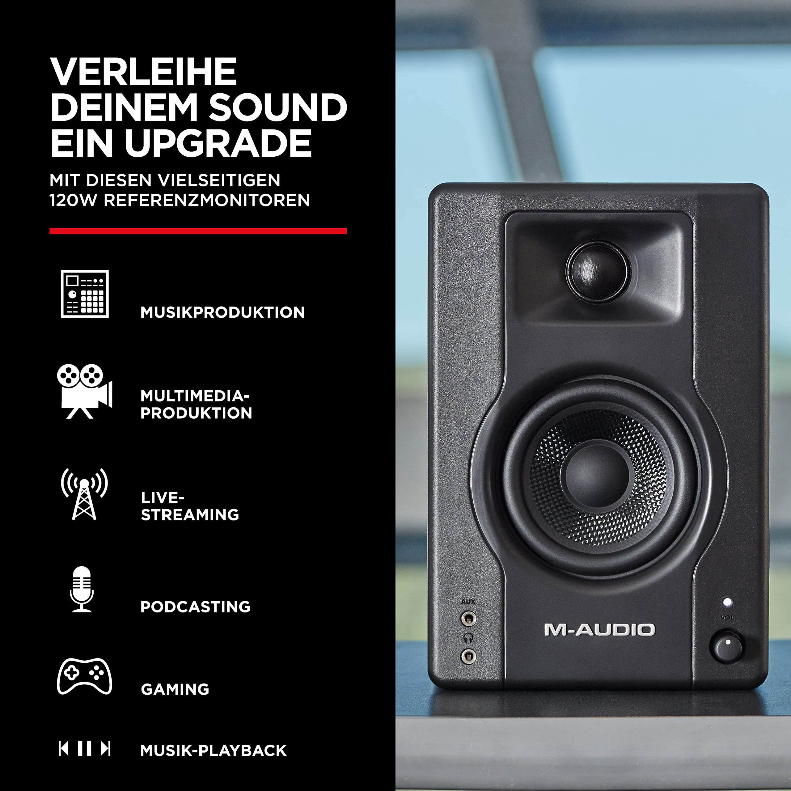 M-Audio BX4 4,5" Studio-Monitore High-Definition Monitor Lautsprecher Boxen, 120W - Paar & Adam Hall Cables K3TPP0100 Audiokabel 2 x 6,3mm Klinke Mono auf 2 x 6,3mm Klinke Mono 1m