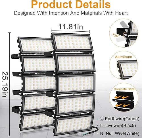 Miniatura 2 de Luz LED de estadio de 1000 W para exteriores, 130000 lúmenes, 500 W, 2 unidades, luz diurna de 6500 K, iluminación de área comercial súper
