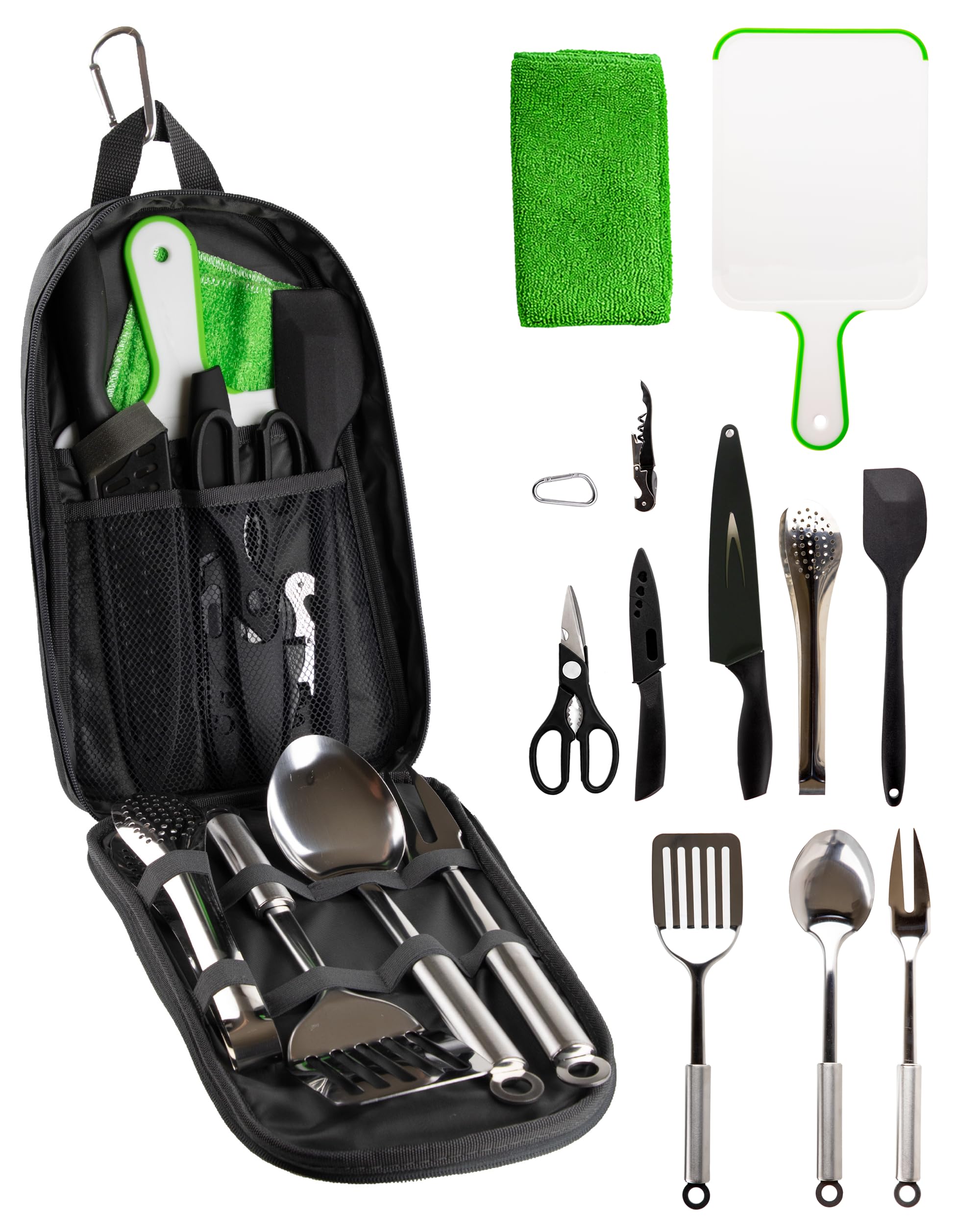 Life2Go 12 Piece Stainless Steel Camping Cooking Utensils Set, Portable Outdoor Kitchen Kit with Chef Knife, Tongs, Spatula, Scissors, Camp Cooking Gear with Carry Case for Hiking, BBQ & Travel, Gray