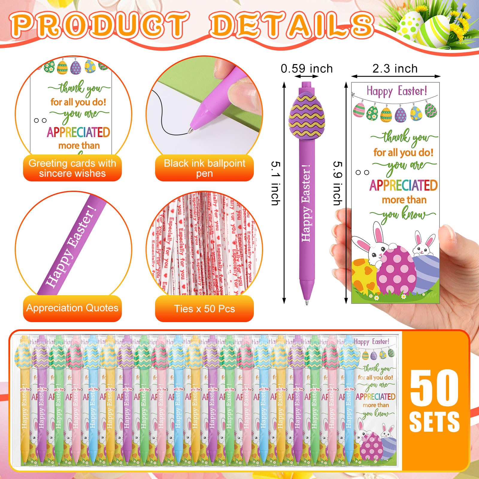 Gersoniel 50 Sets Easter Gifts Bulk Easter Appreciation Gifts for Coworker Happy Ballpoint Pen Thank You Greeting Cards and Ties for Office(Easter Eggs)