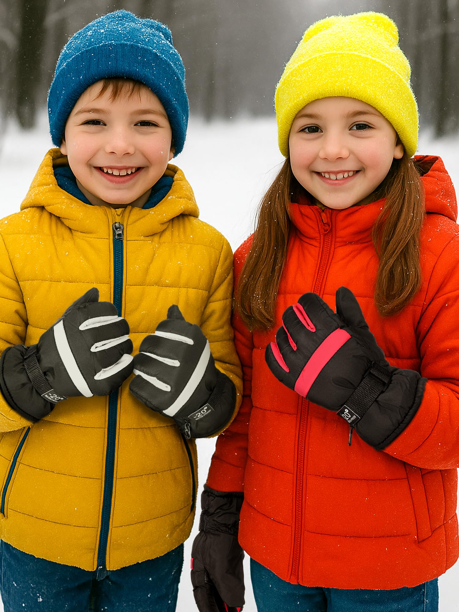 Bencailor 6 Paar Winterhandschuhe für Kinder, wasserdicht, Jungen, Schnee, Ski-Handschuhe, Mädchen, warm, winddicht, Fäustlinge für Kinder im Freien (Schwarz, Pfirsichrosa, Weiß, Hellrosa, Dunkelbraun