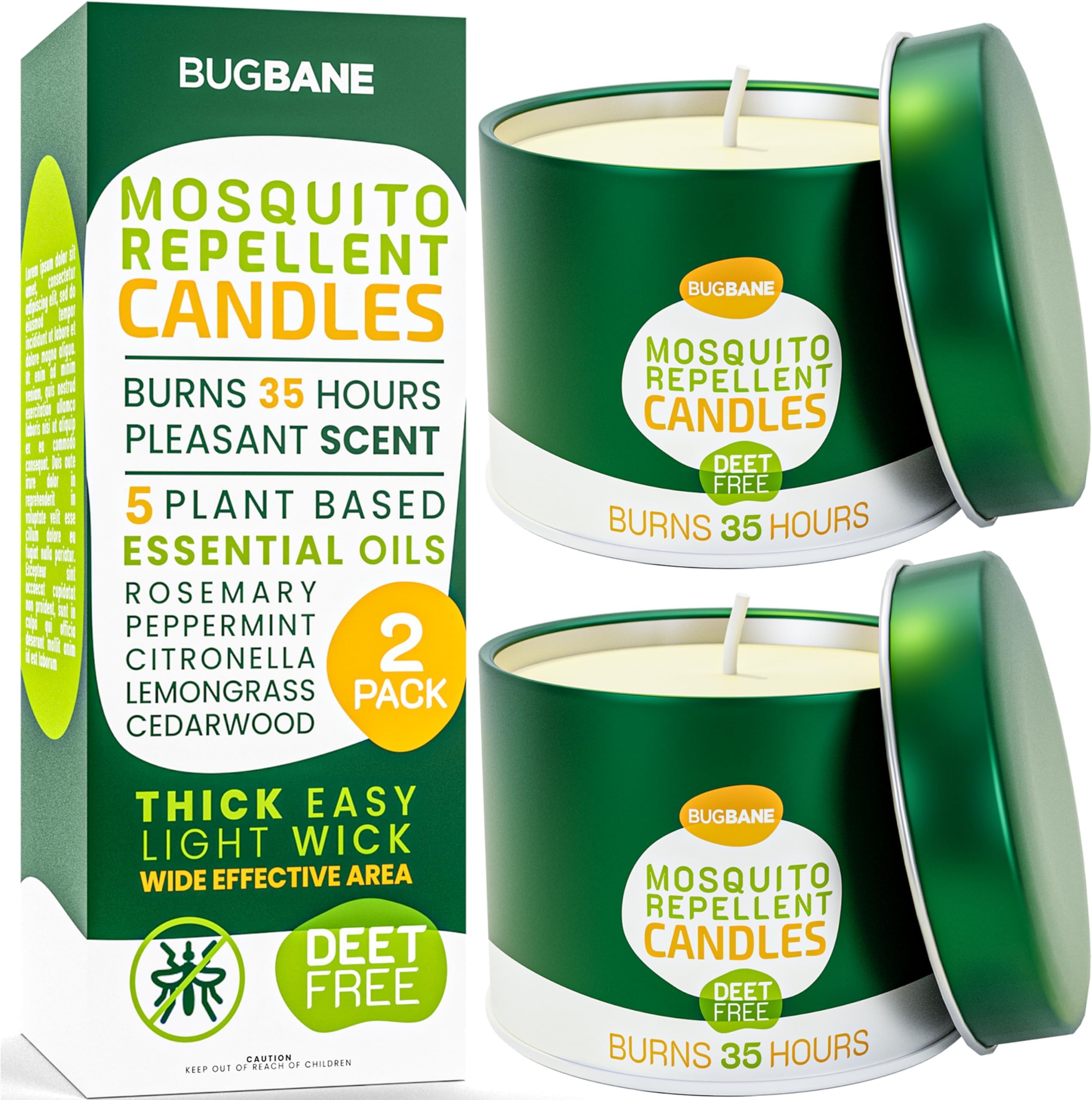 Mosquito Candle Outdoor 2 Pack with 5 Natural Essential Oils. DEET Free Citronella Candles Outdoor Mosquito Repellent. Blend of Citronella, Rosemary, Peppermint, Lemongrass, and Cedarwood