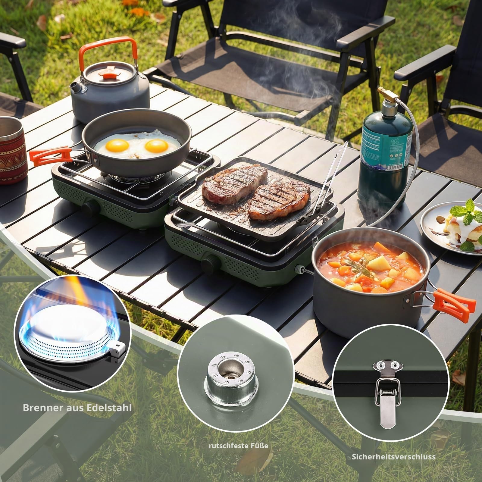 GFTIME Tragbarer 2-Brenner Campingkocher Set mit Kochgeschirr, 30000 BTU/h, Outdoor-Kochset inkl. Outdoor Klapp-Gasherd, Bratpfanne, Grillplatte, Wasserkocher, Topf und Tragetasche, für Propan&Butan