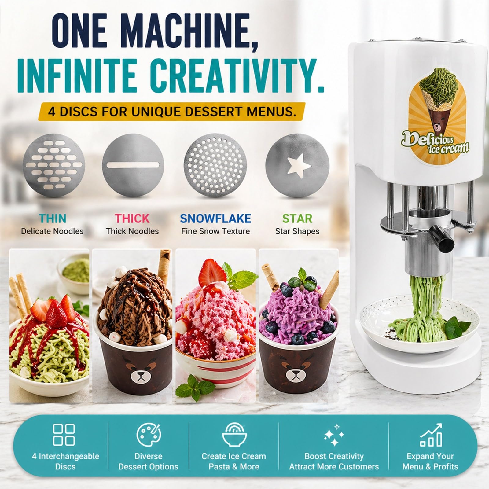 Machine à Glace Italienne Style Spaghetti, Presse à Crème Glacée Professionnelle avec 4 Formes, Moulage Rapide pour Événements et Catering, 80W, Haute Capacité 40L/h(White)