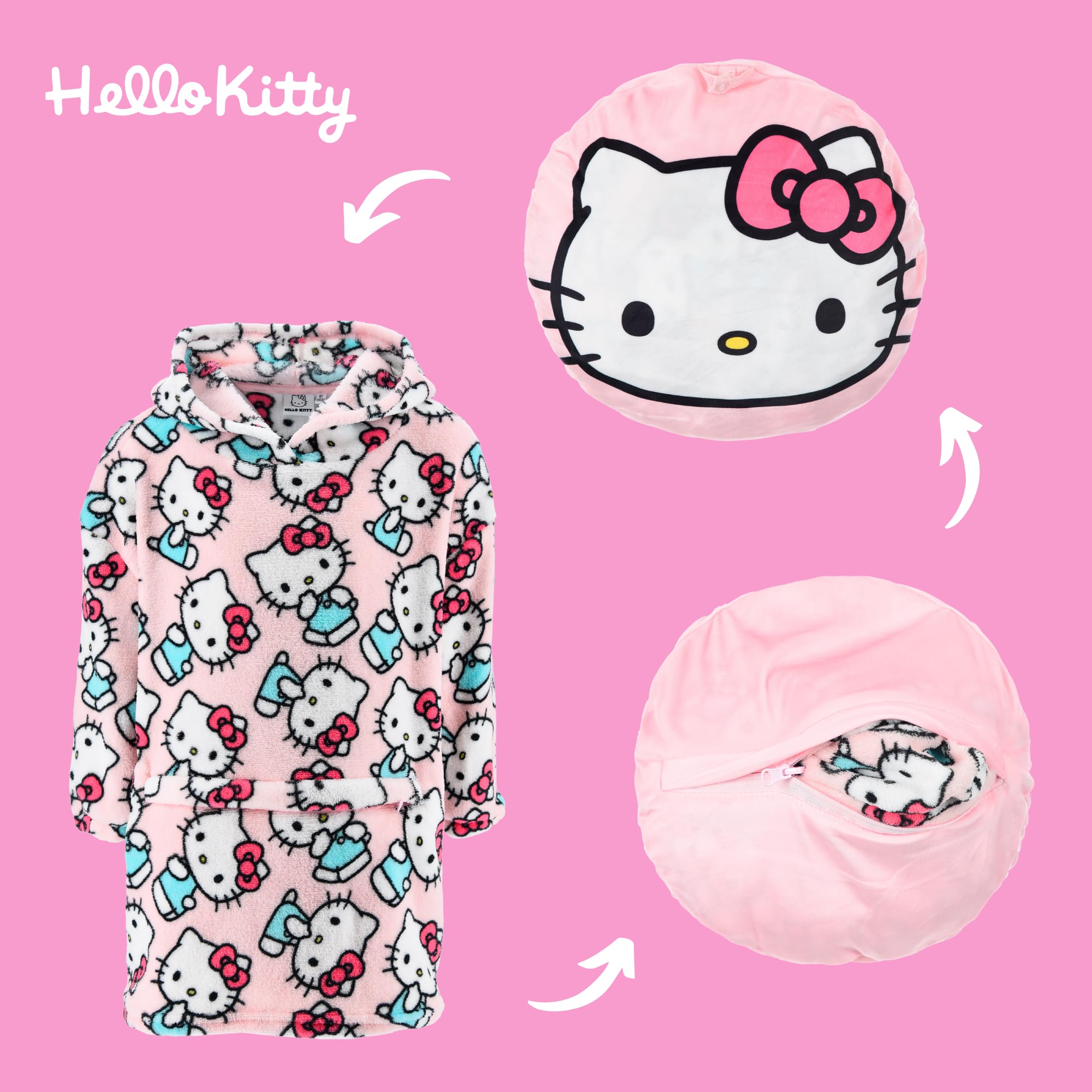 Hello Kitty Sweatshirt Mädchen, Kapuzendecke mit Design Weiche Fleecedecke Lässt sich in ein Kissen Verwandeln, Größen 4 bis 10 Jahre