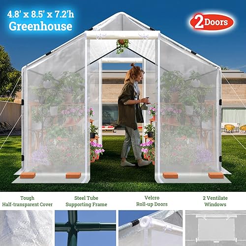 Miniatura 2 de Strong Camel Invernadero portátil de 4.8 x 8.5 x 7.2 pies con 2 puertas enrollables, gran techo de pico sin cita previa, para jardinería al aire