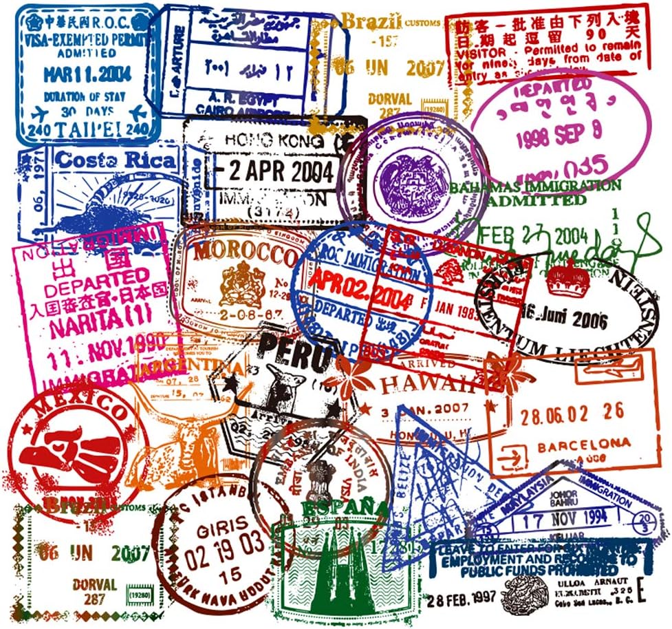 HHOCN Honch Water Bottle Stickers Travel Immigration Postmark 50 Pcs Suitcase Stickers Pack Waterproof Decals for Water Bottle Laptops Ipad Cars Luggages