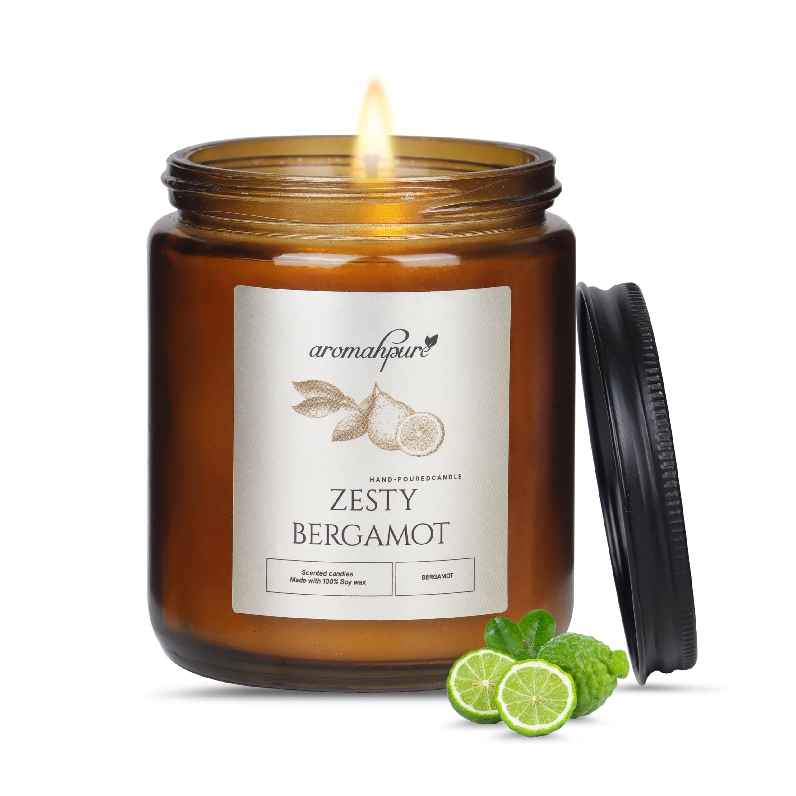 Aromahpure Premium Black Screw Jar Candle | Bergamot Scented Candle | 100% Soy Wax, Smokeless Candle | Pack of 1 | Long Lasting Aroma Candles| Scented Candles for Home Decor, IFRA Certified