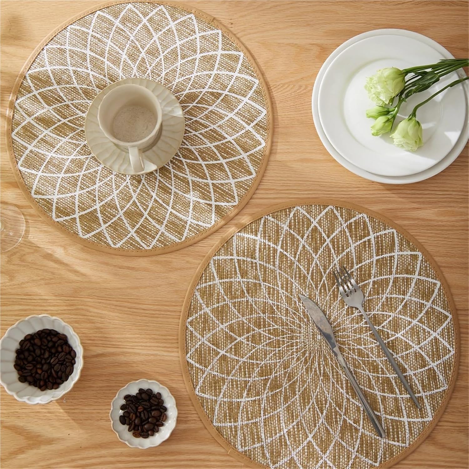 4/6/8/12pcs Artistic Jute Place mats Printed Placemats with Faux Leather Edges, Heat Insulation Mats, Decorative Mats(Black,12pcs)