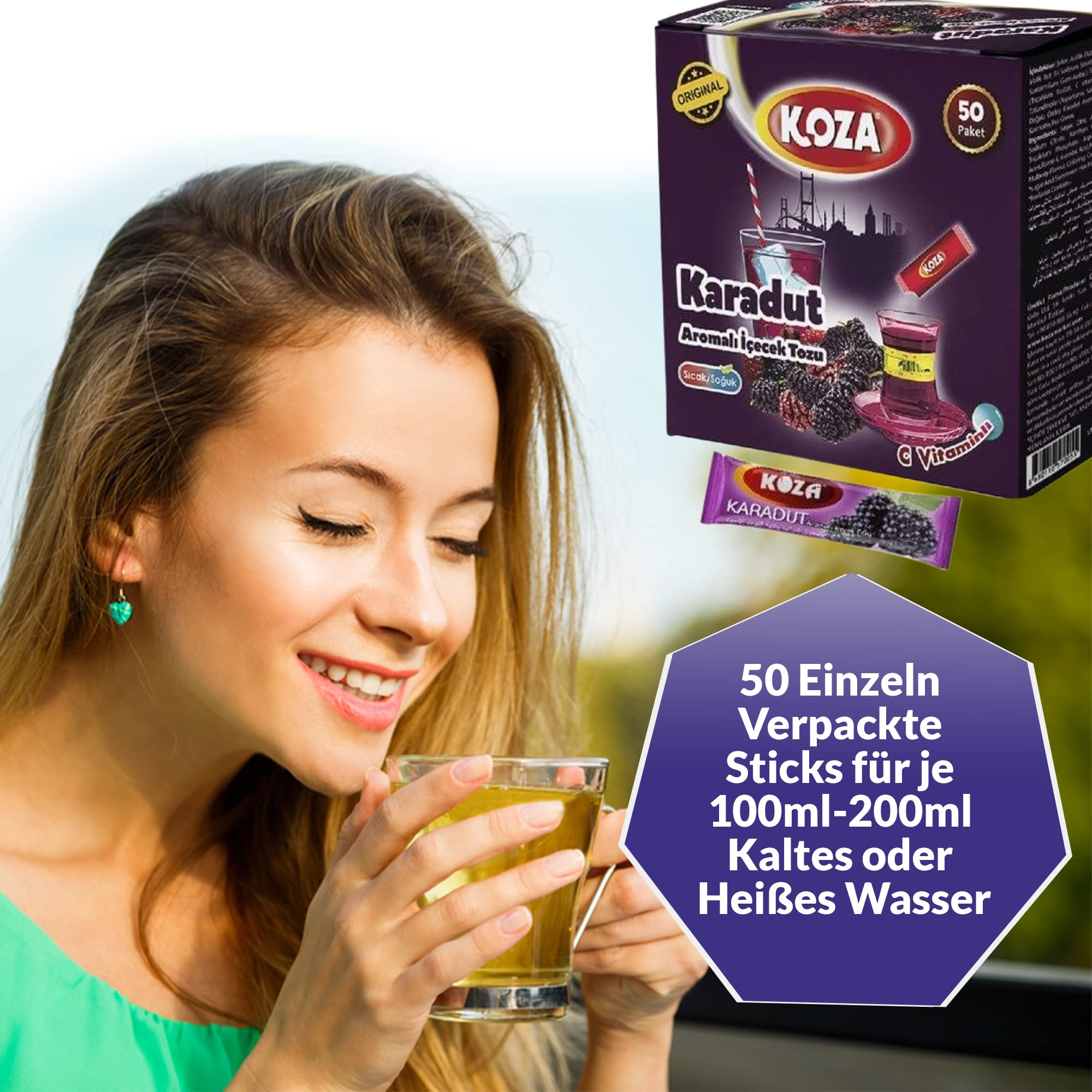 KOZA Morera bebida instantánea en polvo Stick envuelto individualmente paquete de 50 | Polvo para bebida caliente o fría | Té Turco | polvo de té helado | té frío | te de frutas