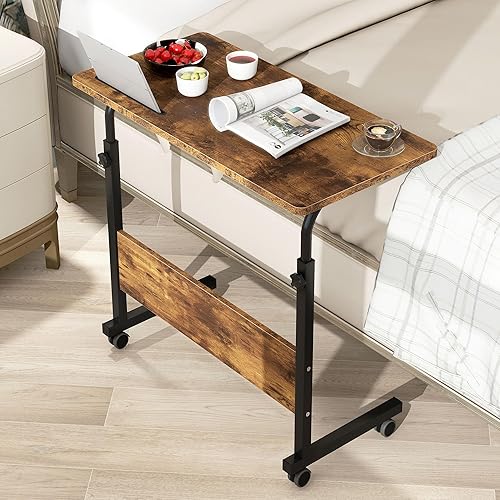 Miniatura 48 de SogesGame Mesa auxiliar de 31.5 pulgadas con ruedas, mesa auxiliar de aperitivos con ruedas, mesa auxiliar móvil fácil de montar para laptop, roble,