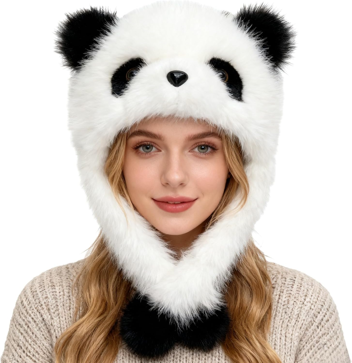PURFUN Furry 3D Panda Earflap Hat for Adults Kids, Parent-Child Funny Animal Caps Winter Warm Fuzzy Faux Fur Ski Trapper Hats