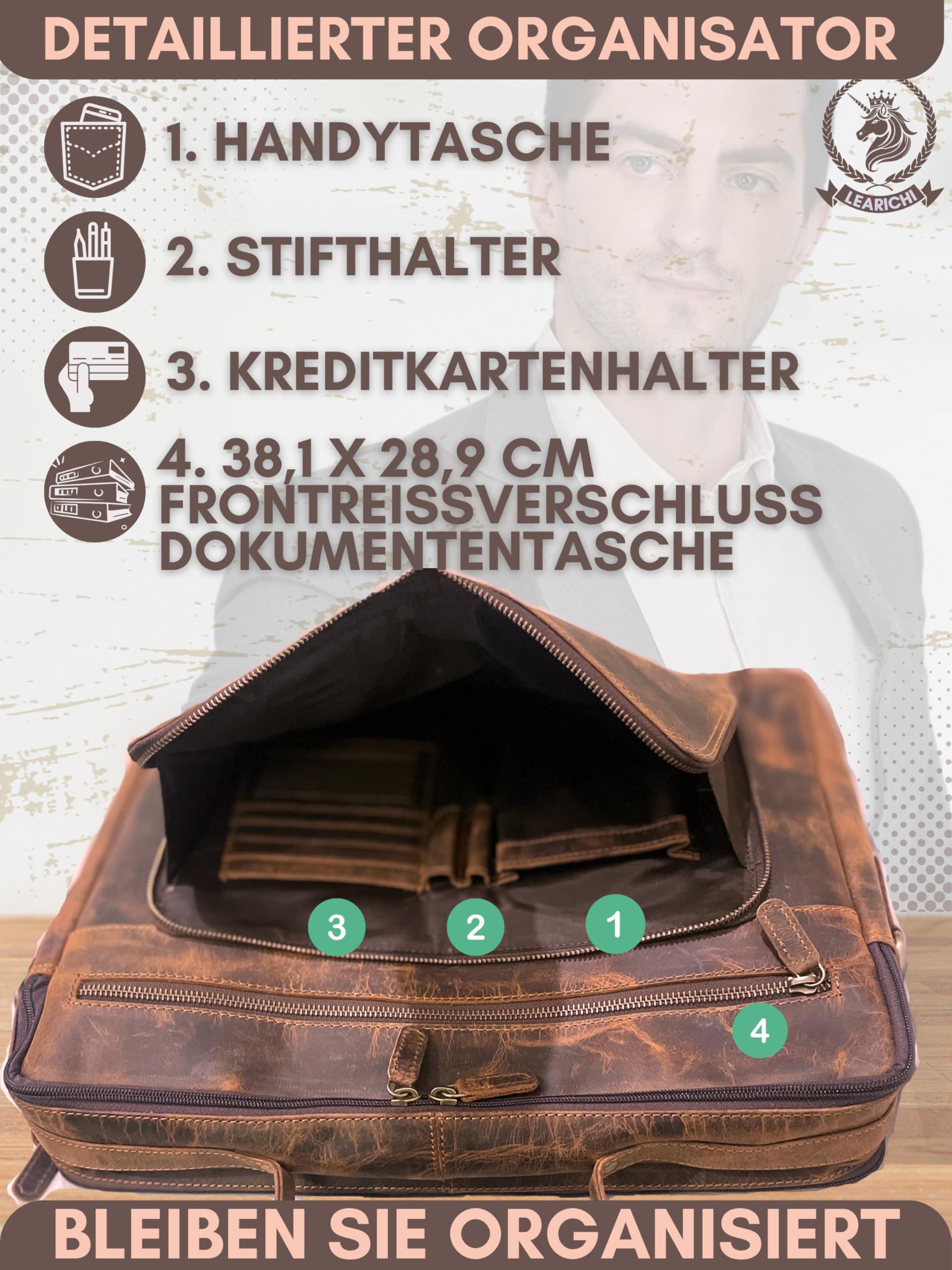 17 Zoll Echte Jäger Leder Laptop Schulter Aktentaschen für Herren Rustikale Vintage Braun Umhängetasche im Distressed Look, Messenger Arbeitstasche mit Gepolstertem Laptopfach