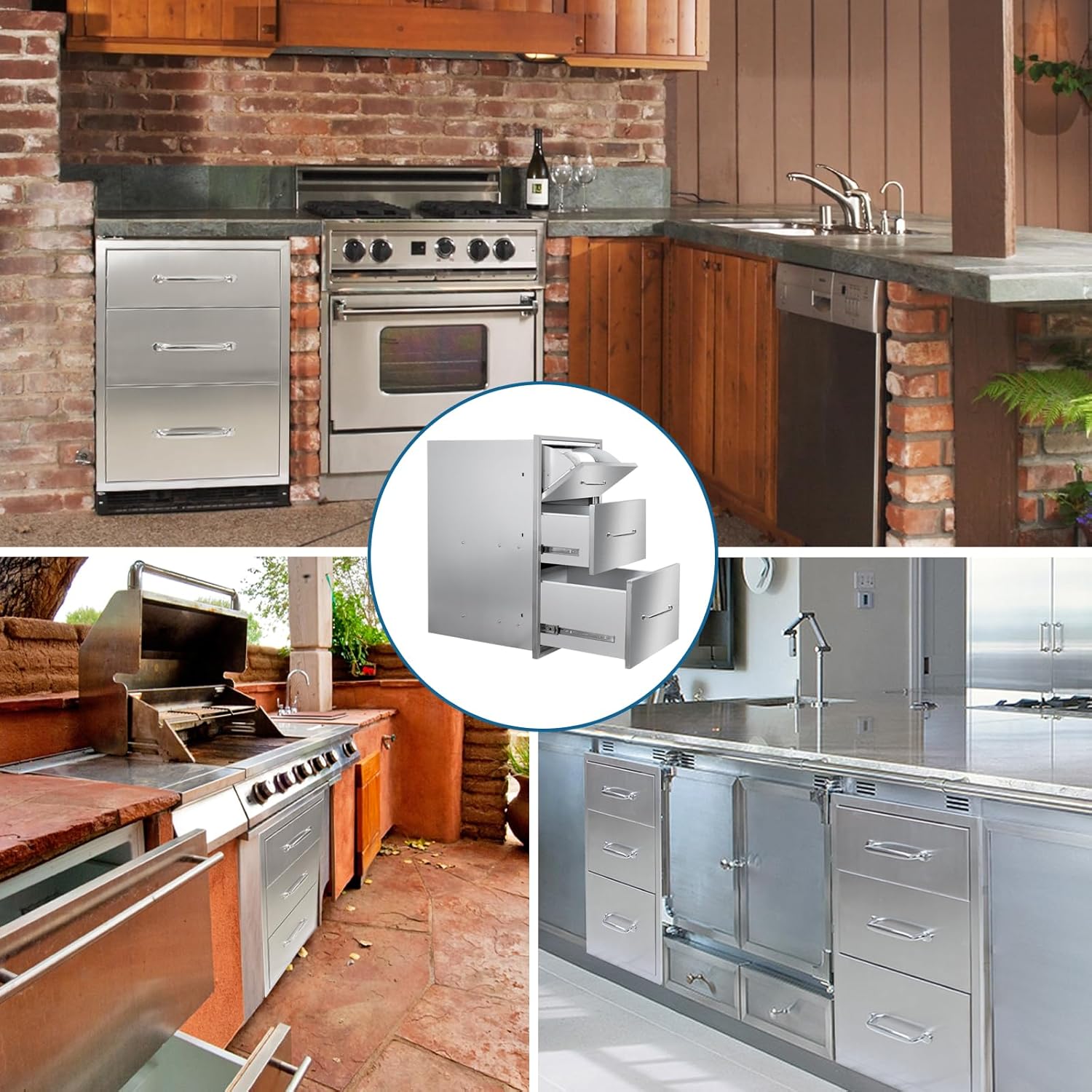 Outdoor Kitchen Drawers with Paper Towel Holder 17"Wx30"Hx20"D Flush Mount Access 3-Drawer BBQ Stainless Steel Drawers with Handle for Outdoor Kitchen Island or Grill Station