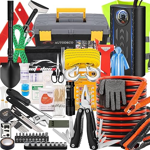 AUTODECO Kit de asistencia de emergencia para automóvil con compresor de aire portátil, cables de puente, martillo de seguridad, todo en uno, juego