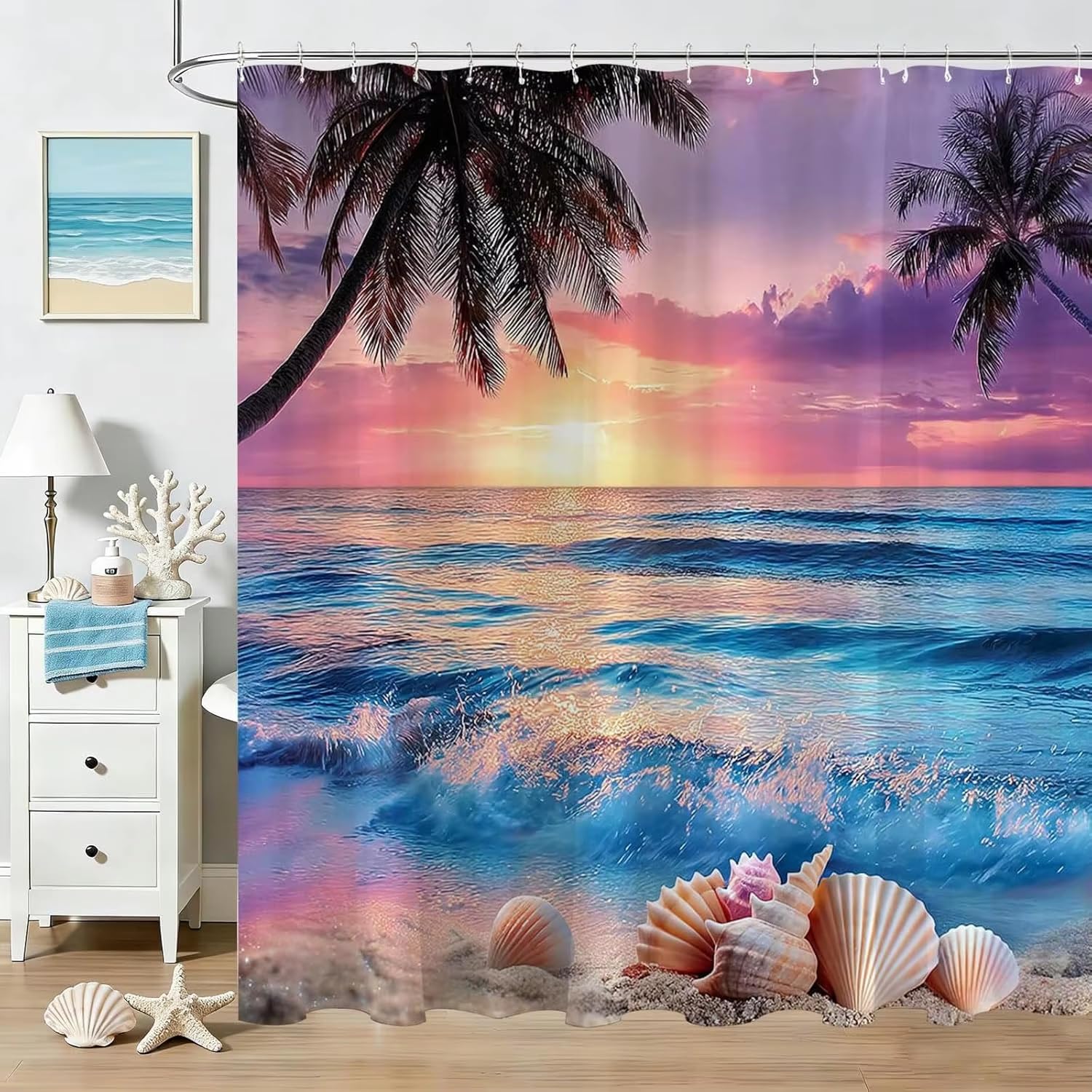 YEGRFJIS Tropical Sunset Beach Shower Curtain 120x120cm(WxL) – Palm Tree Seashell Ocean Scenery Bathroom Curtain, Waterproof Fabric Shower Curtain and Bathroom Curtain for Summer Holiday Decor