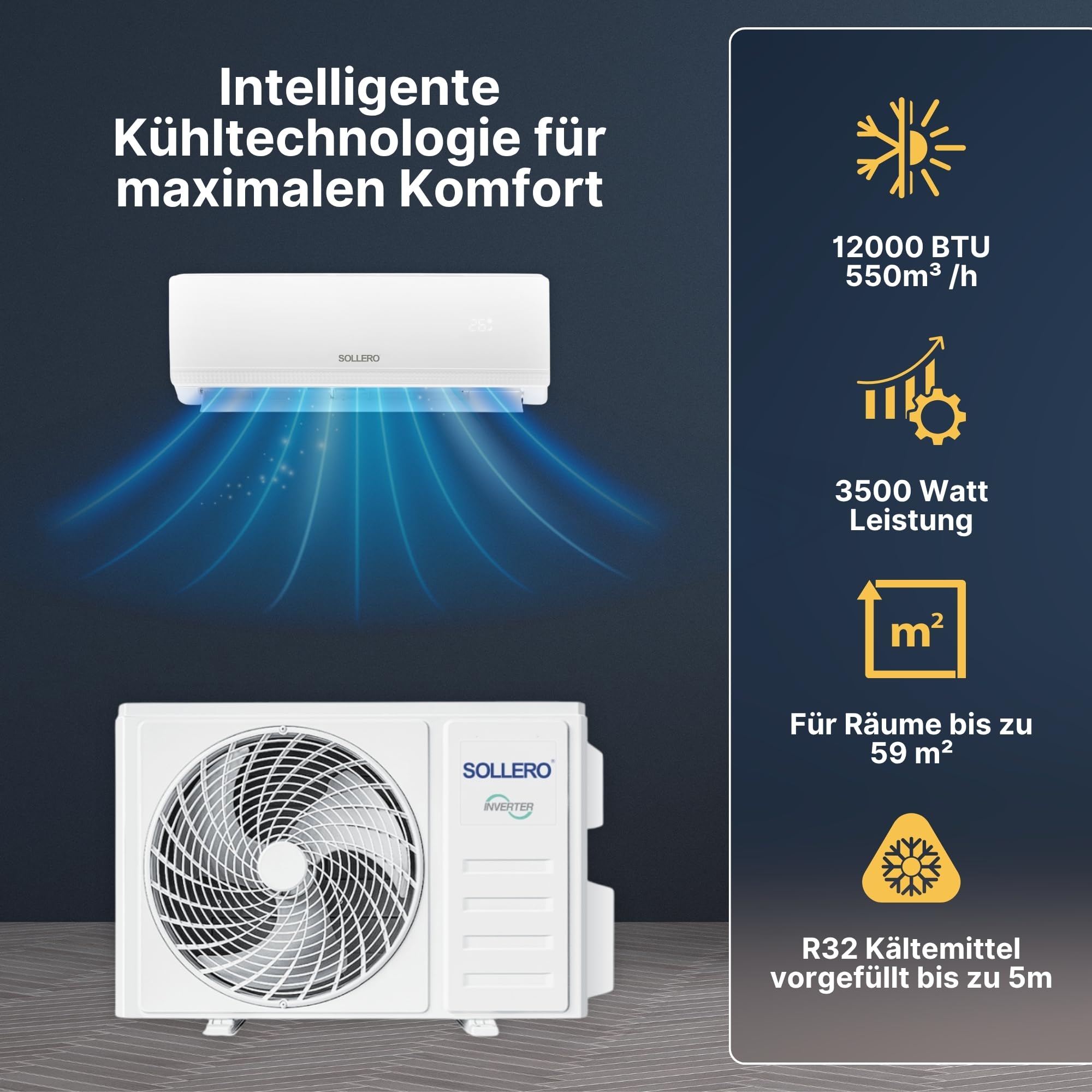 Split Klimaanlage 12000 BTU 3,5 kW, Selbstreinigung, leise, Smart Home, Klimaanlage zum Heizen und Kühlen, R32 Kältemittel, Timer, bis 59 m²