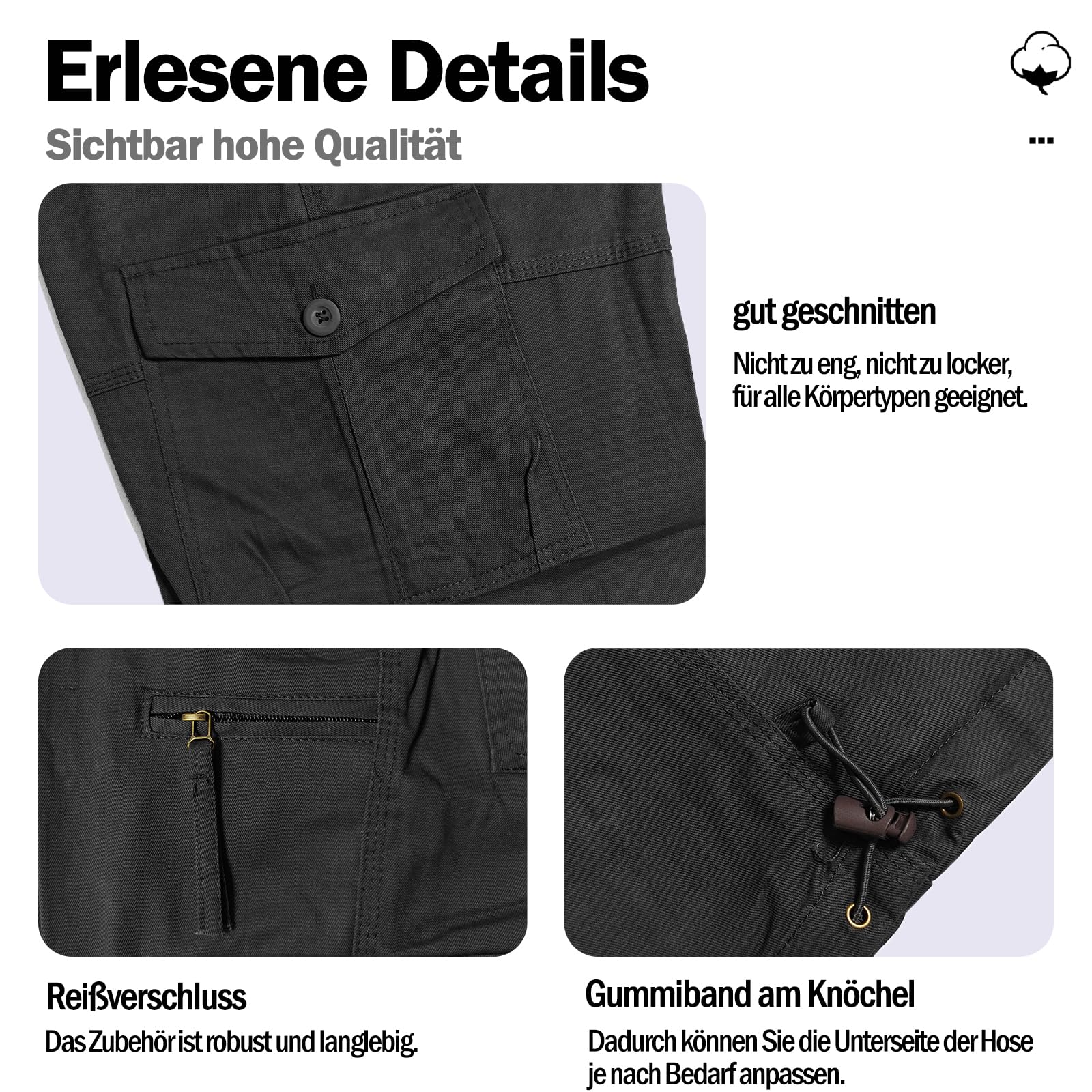 Cargohose Herren aus Baumwolle Cargo Hose mit 7 Taschen Elastische Taille Freizeithose