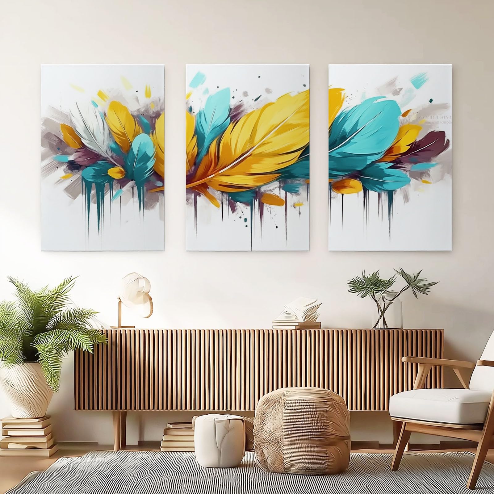 Genérico 3 Piezas Pintura Al Óleo Moderna Cuadro Sobre Lienzo, Bohemio Plumas Pintura Sobre Lienzo 30x40cmx3, Cuadros Decorativos para Salon Dormitorio Comedor Pasillo Oficina (Sin Marco)